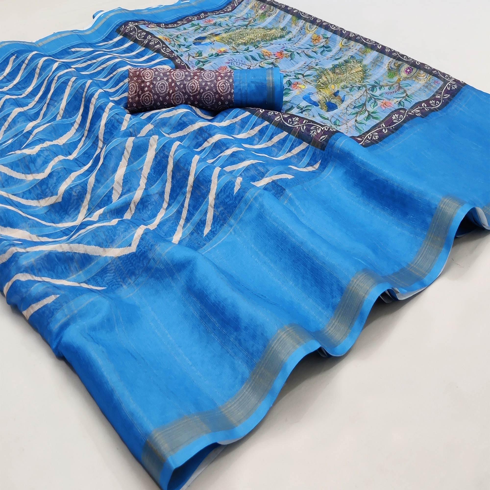 Firozi Casual Wear Digital Striped Printed Silk Saree With Jari Jacquard Border - Peachmode