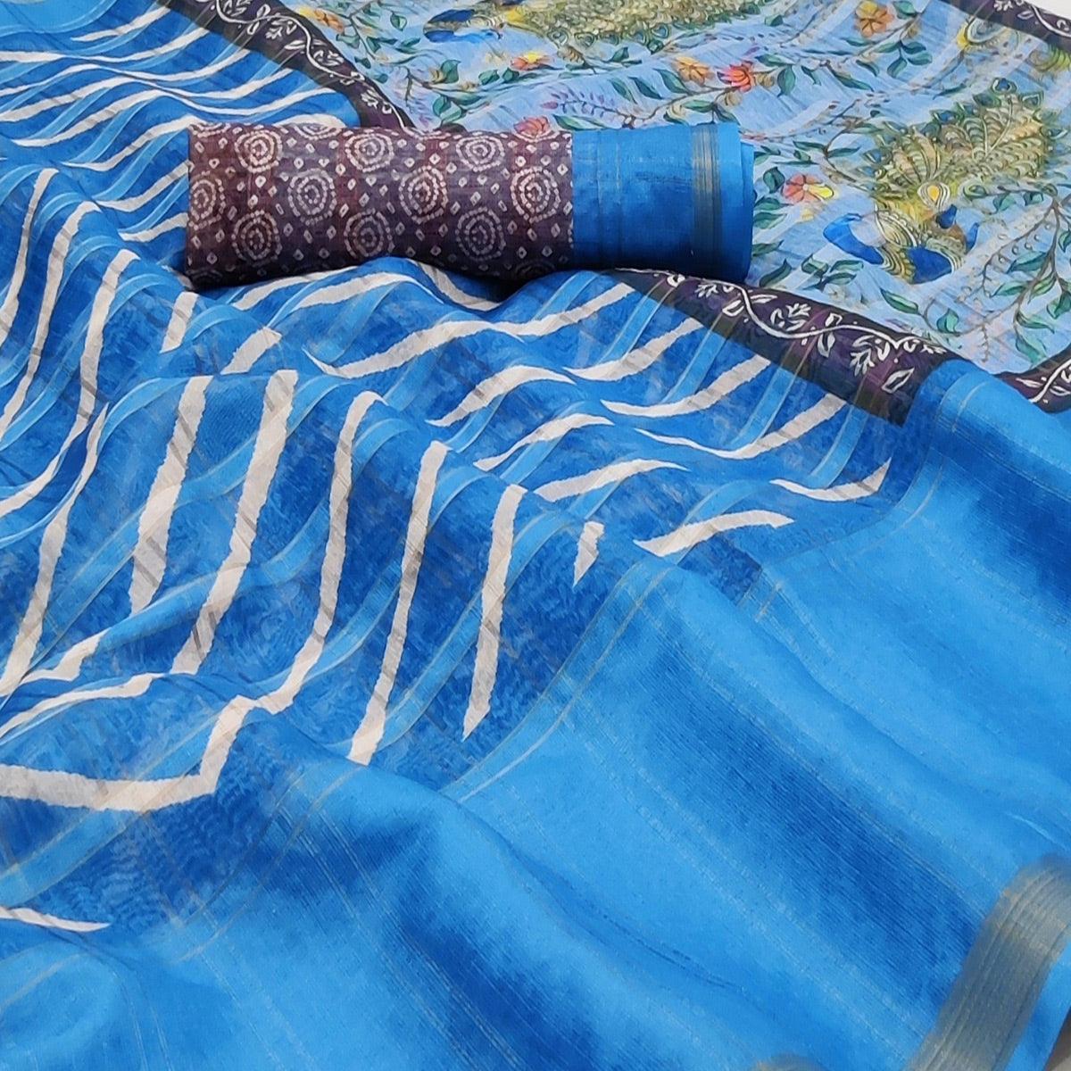 Firozi Casual Wear Digital Striped Printed Silk Saree With Jari Jacquard Border - Peachmode