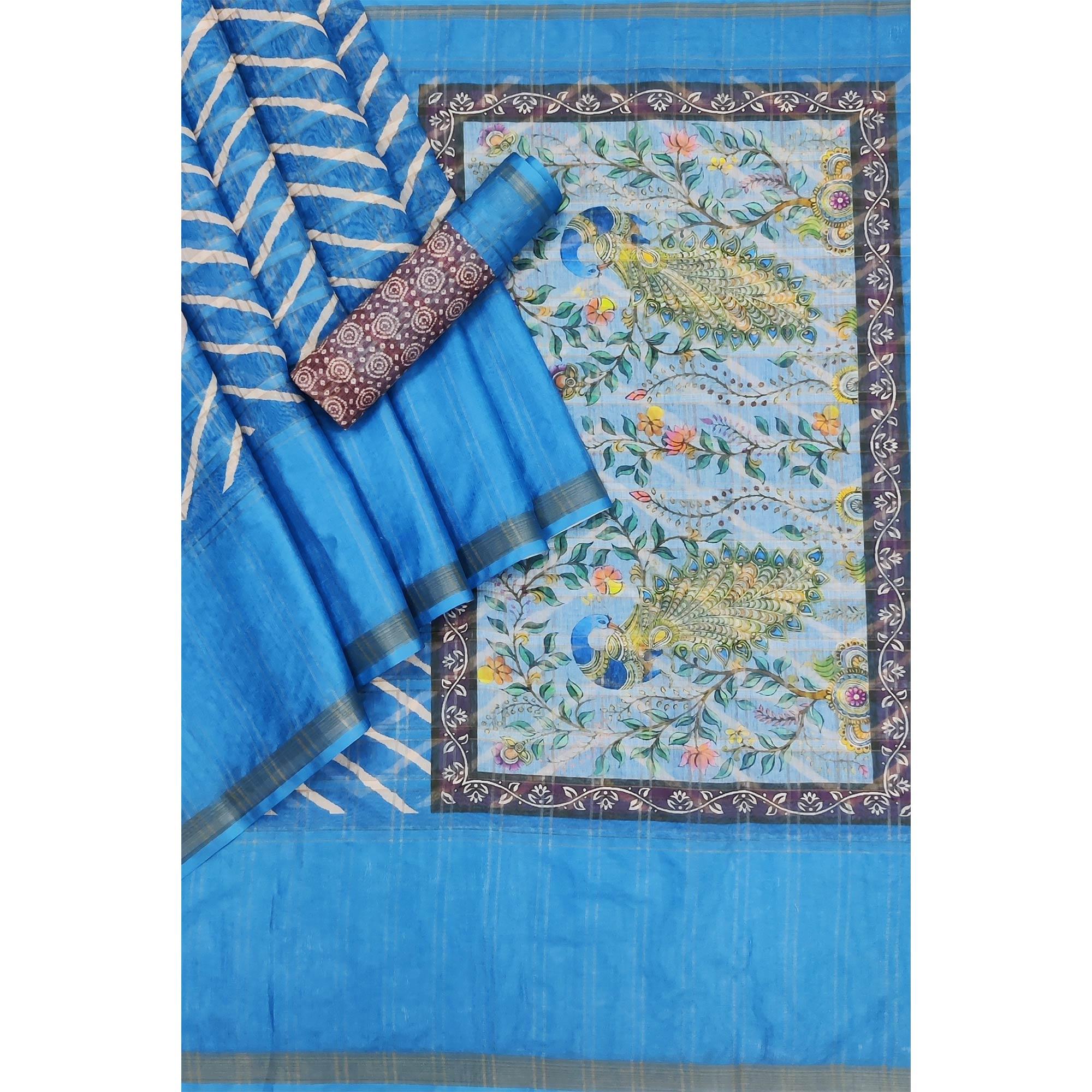 Firozi Casual Wear Digital Striped Printed Silk Saree With Jari Jacquard Border - Peachmode