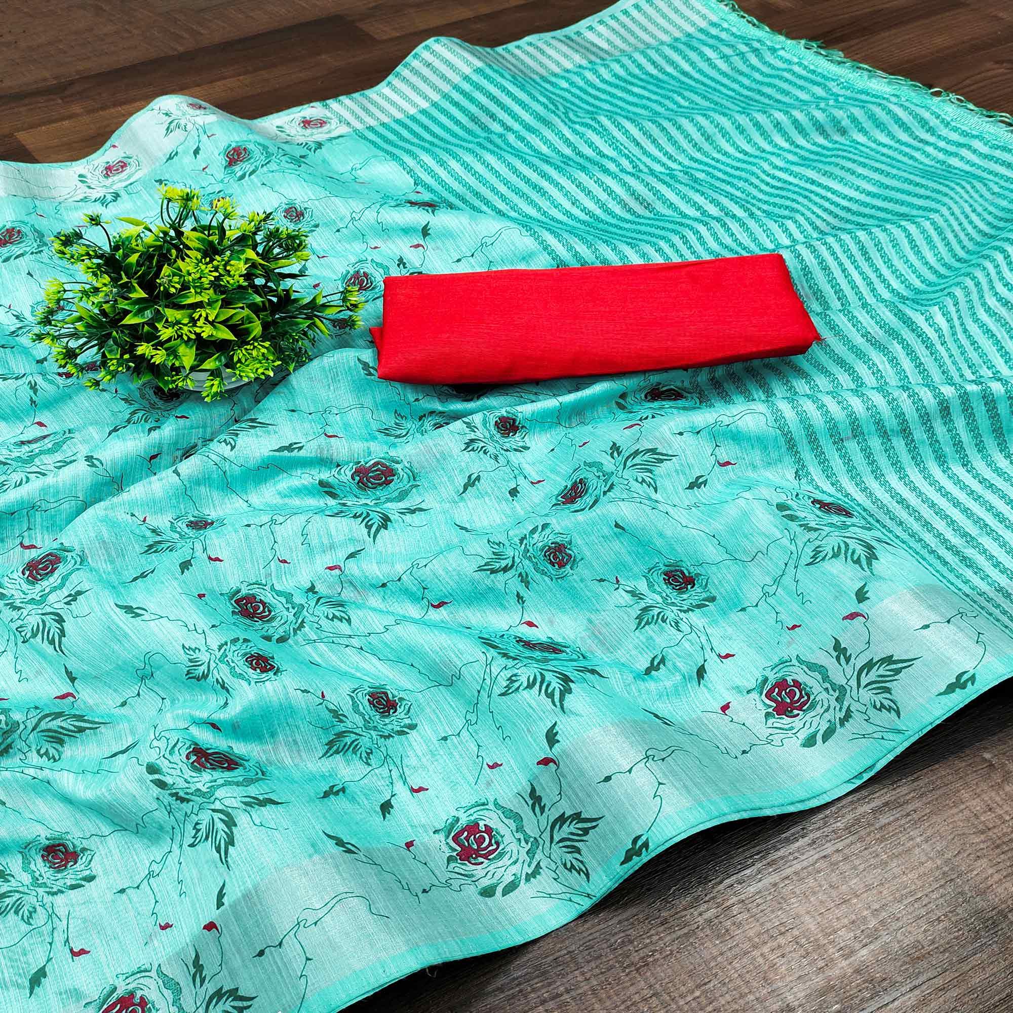 Firozi Casual Wear Floral Block Printed Cotton Blend Saree - Peachmode