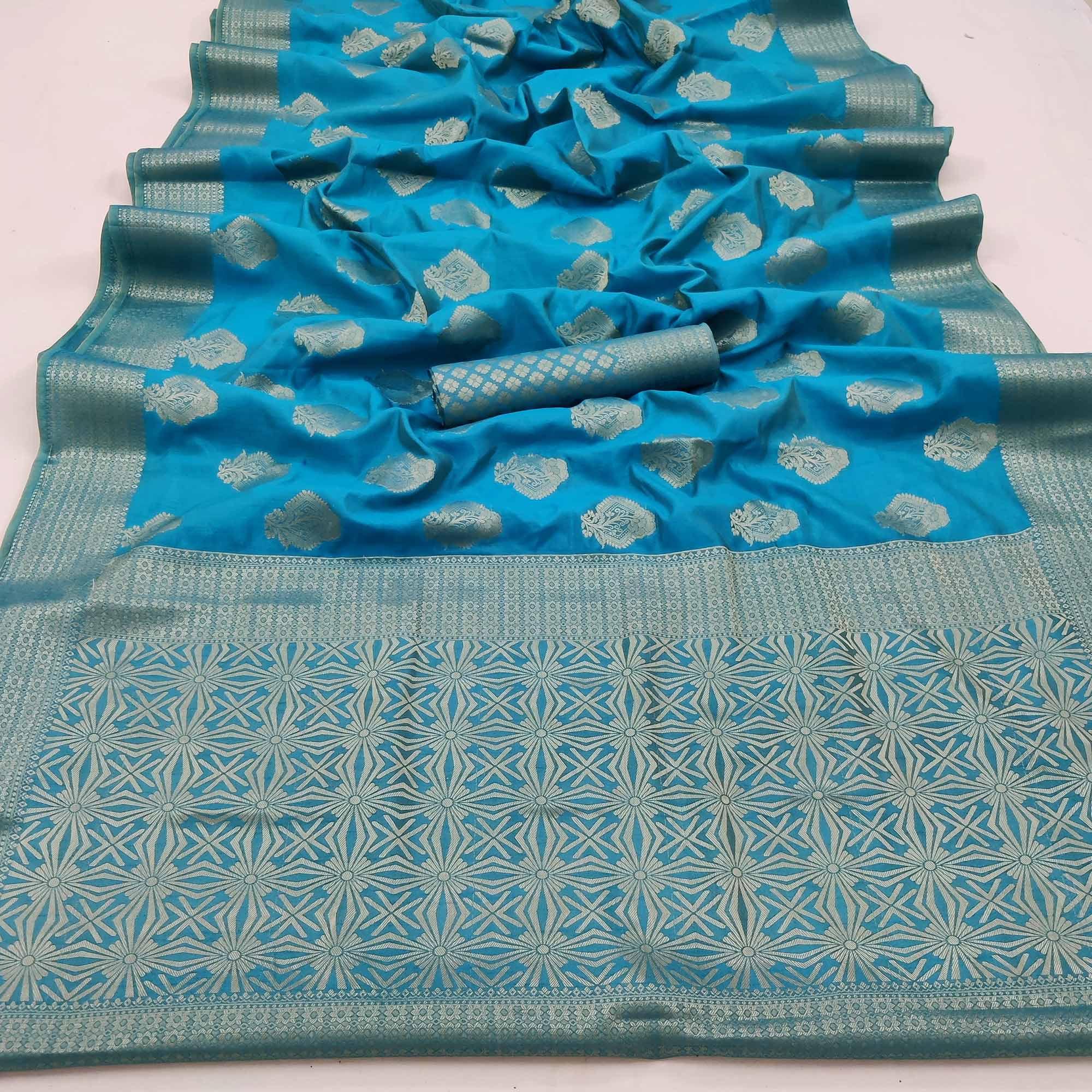 Firozi Festive Wear Floral Woven Art Silk Saree - Peachmode