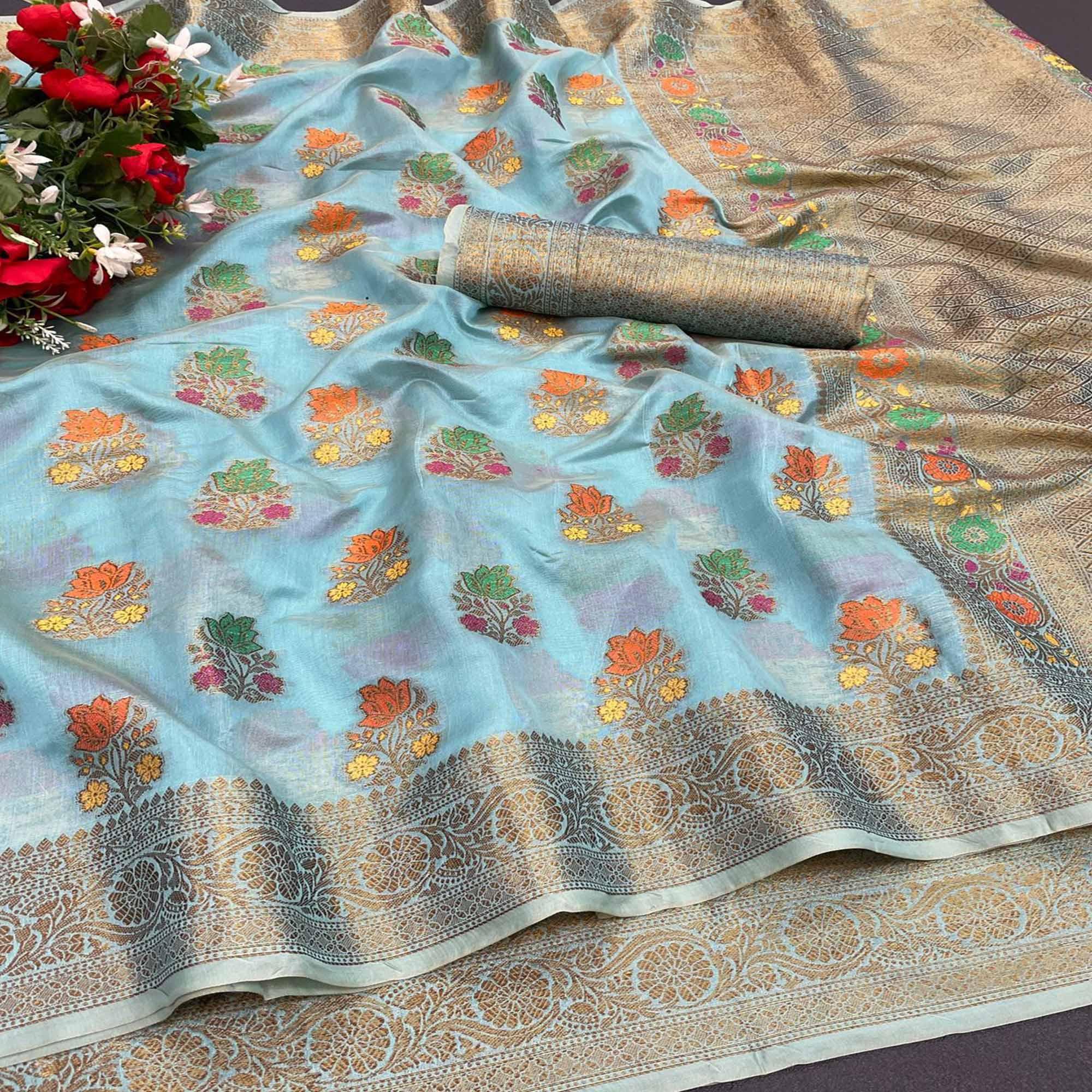 Firozi Festive Wear Floral Woven Pure Soft Organza Saree - Peachmode