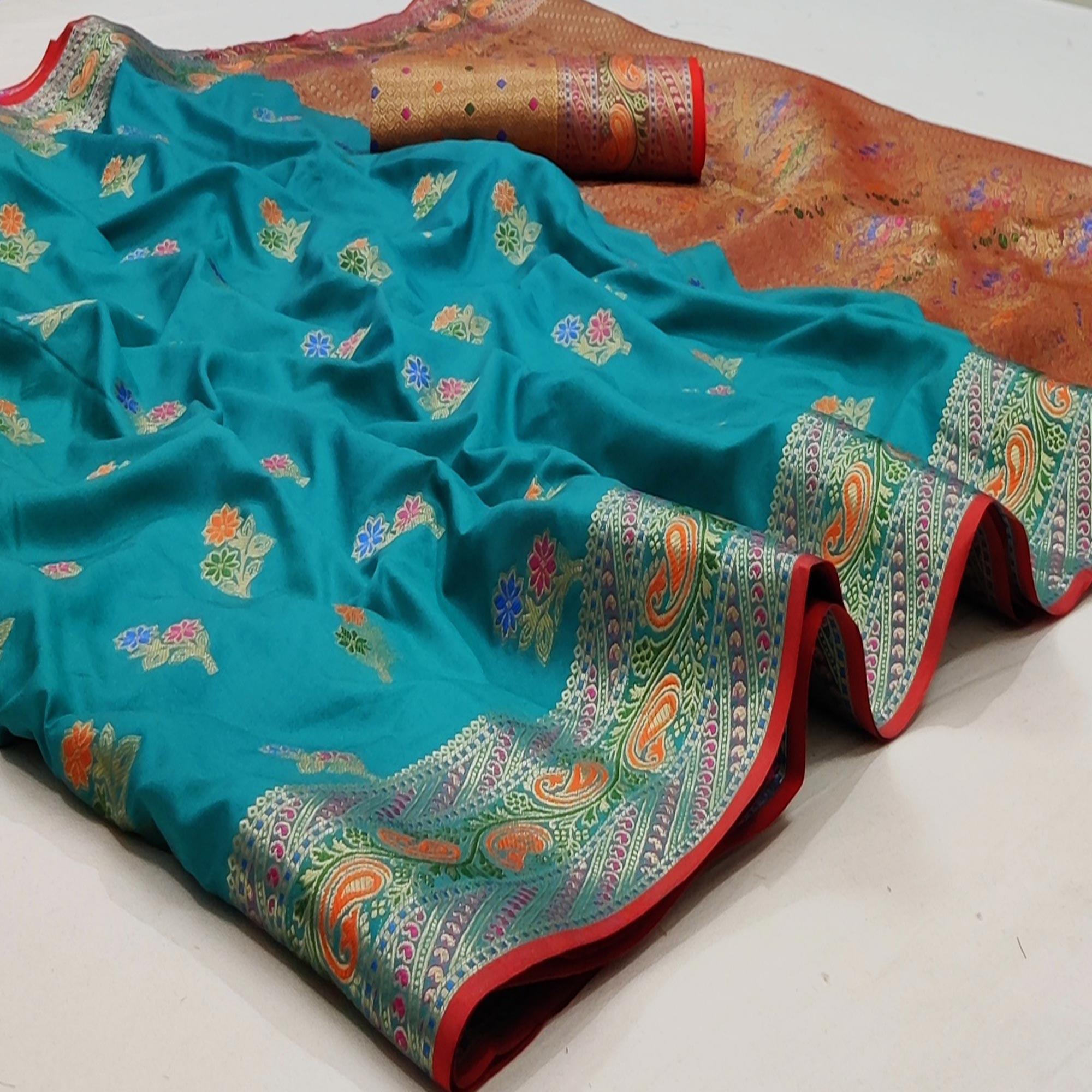 Firozi Festive Wear Floral Woven Soft Silk Saree With Jacquard Border - Peachmode