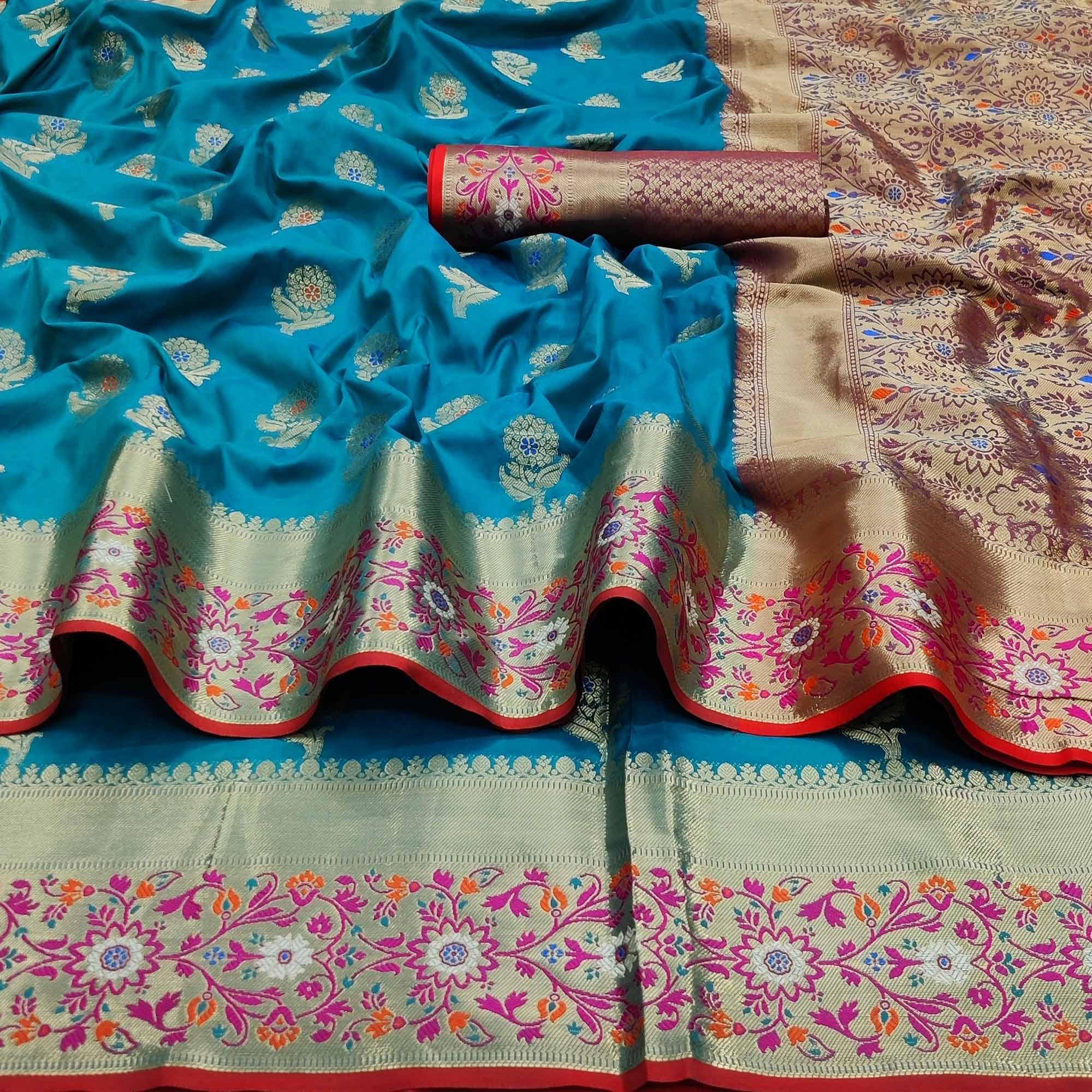 Firozi Festive Wear Floral Woven Soft Silk Saree With Jacquard Border - Peachmode