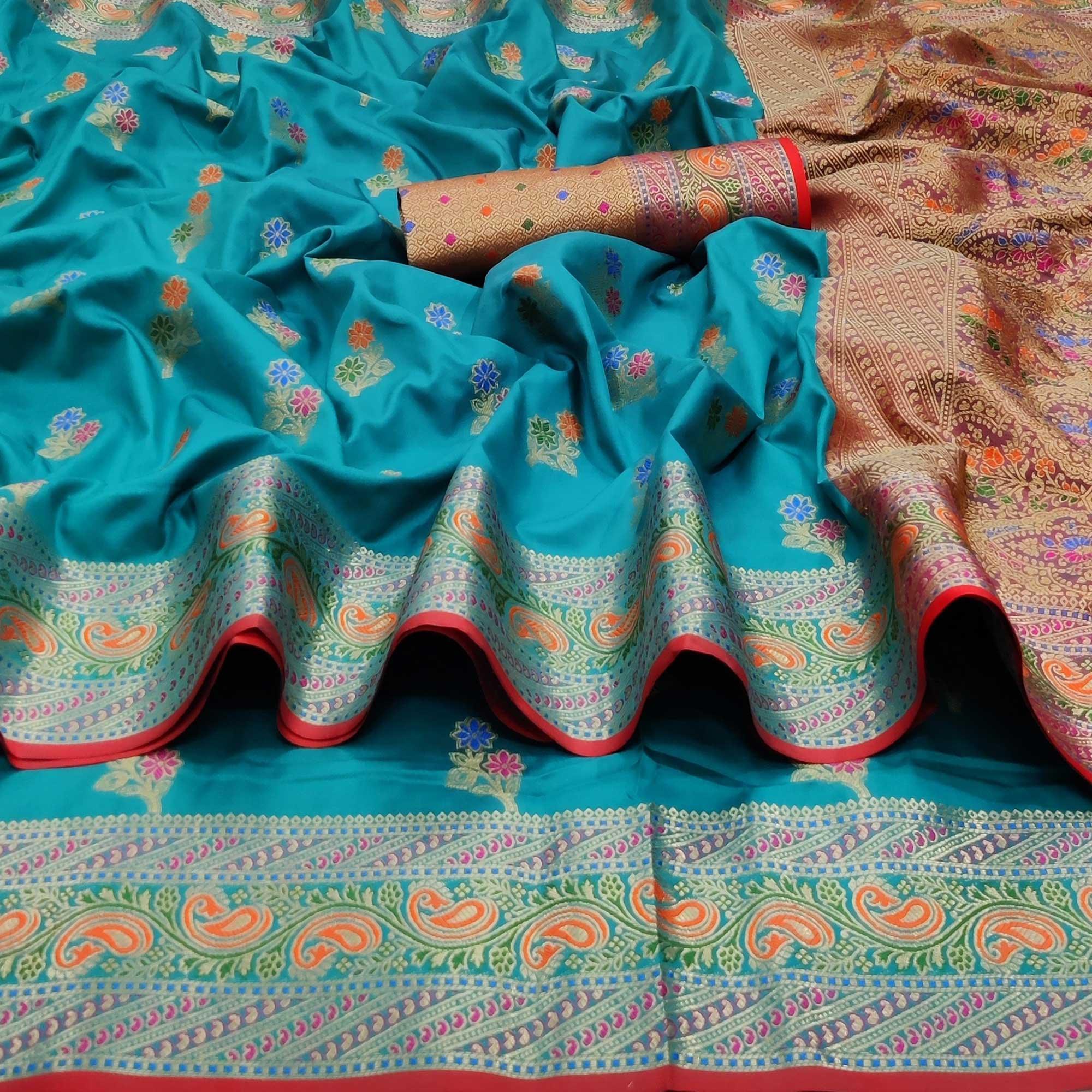 Firozi Festive Wear Floral Woven Soft Silk Saree With Jacquard Border - Peachmode