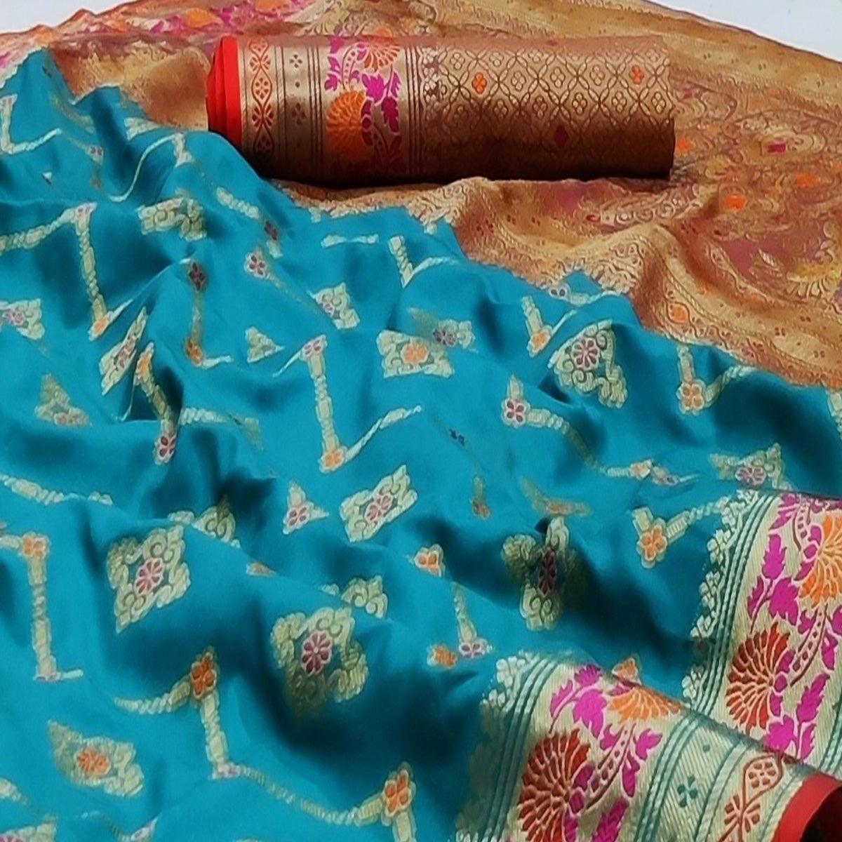 Firozi Festive Wear Floral Woven Soft Silk Saree With Jacquard Border - Peachmode