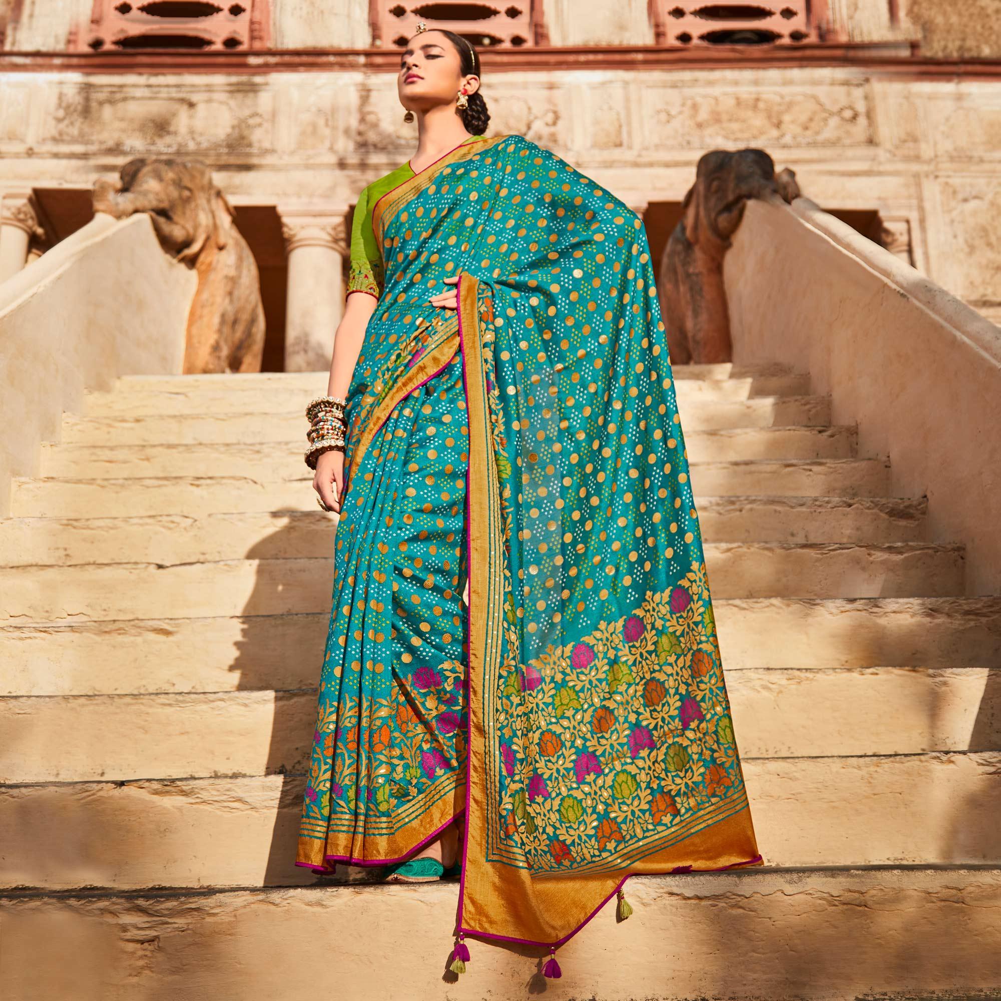 Firozi Festive Wear Printed Silk Saree - Peachmode