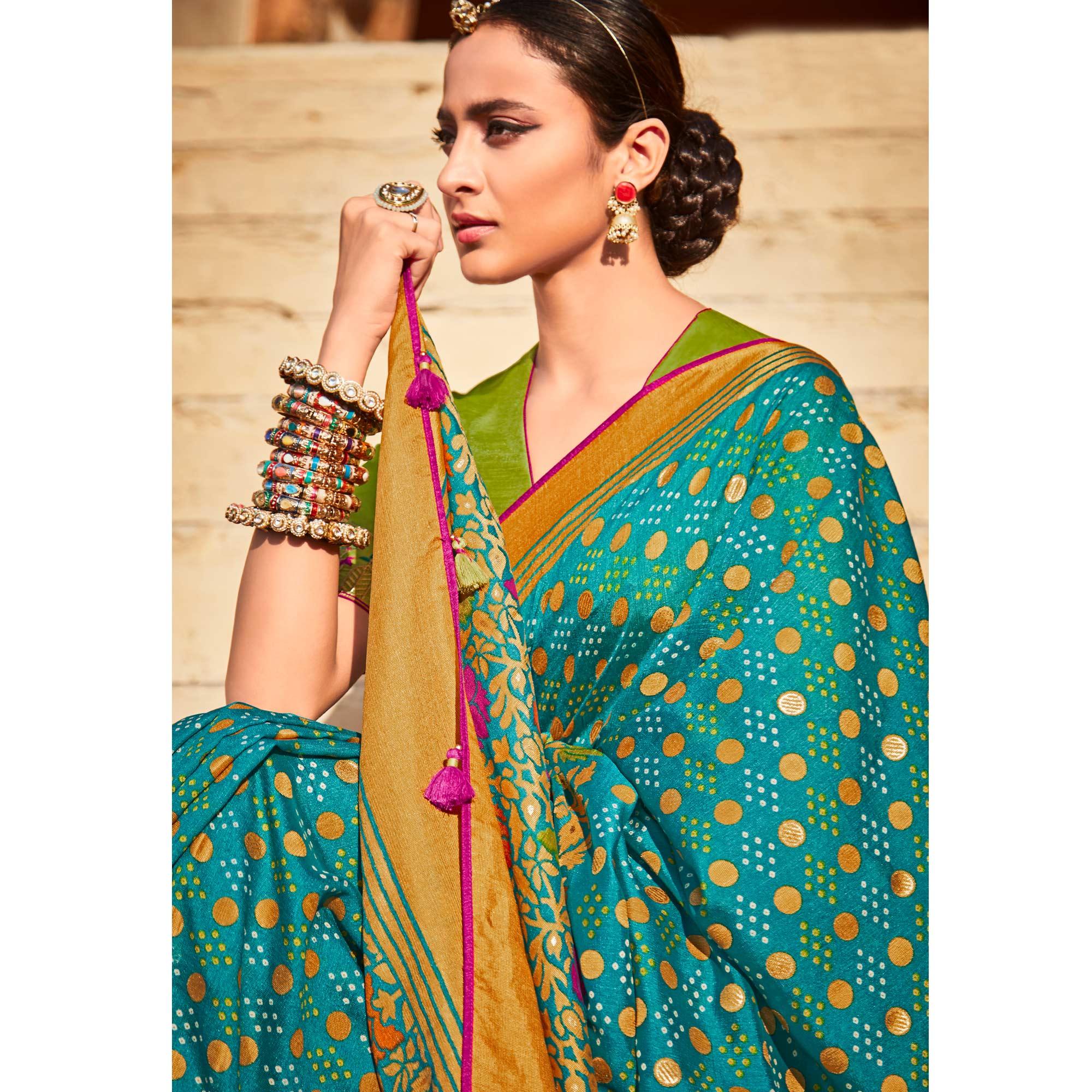 Firozi Festive Wear Printed Silk Saree - Peachmode