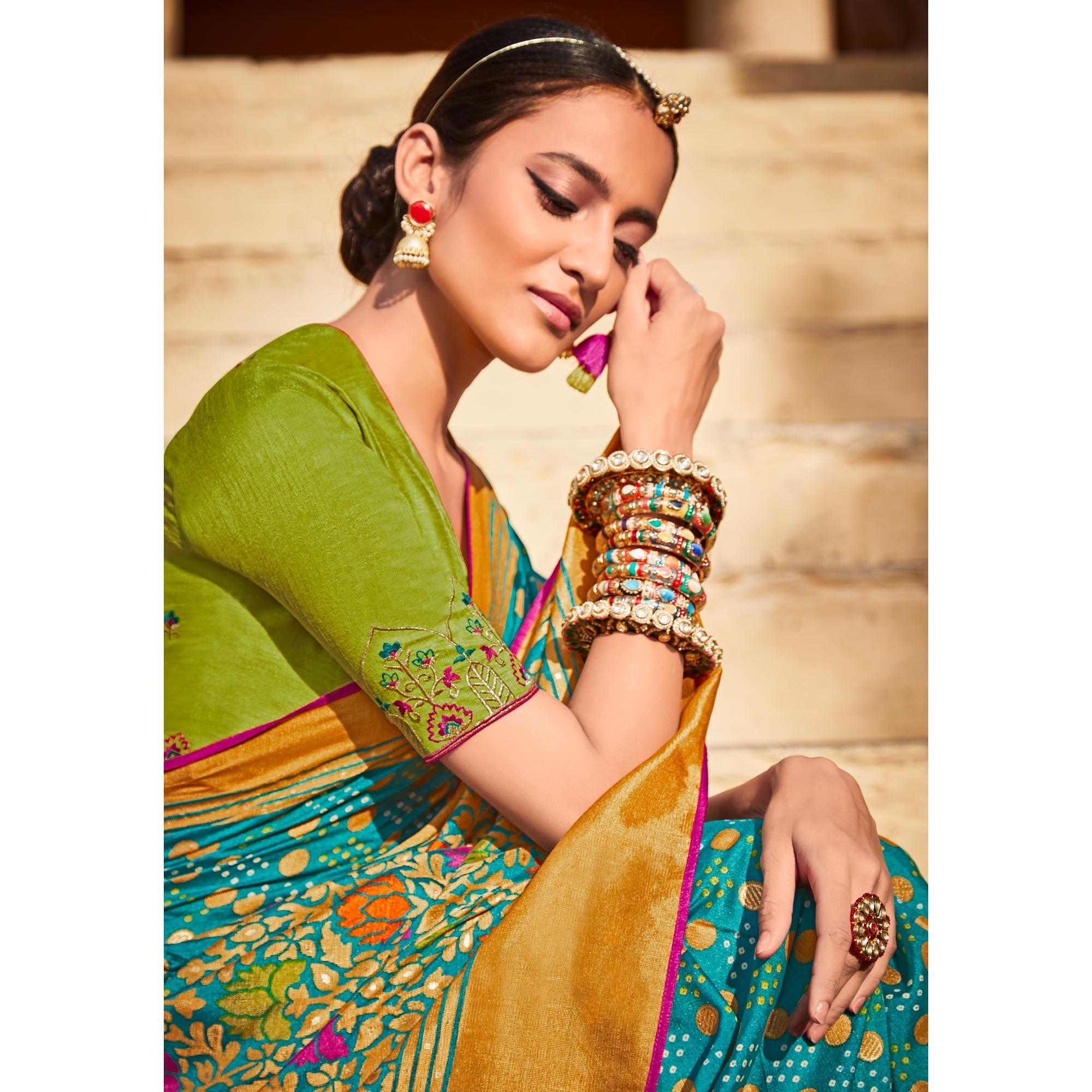 Firozi Festive Wear Printed Silk Saree - Peachmode