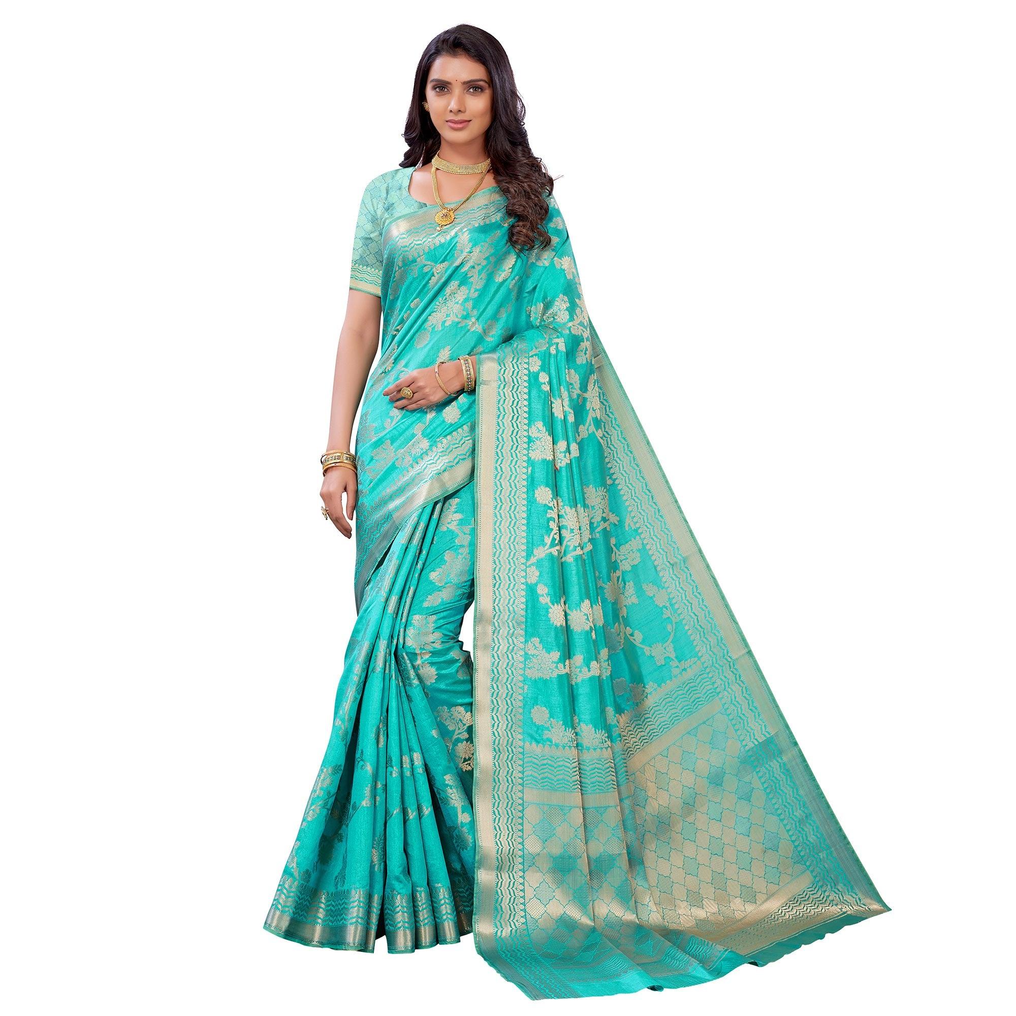 Firozi Festive Wear Woven Art Silk Saree - Peachmode