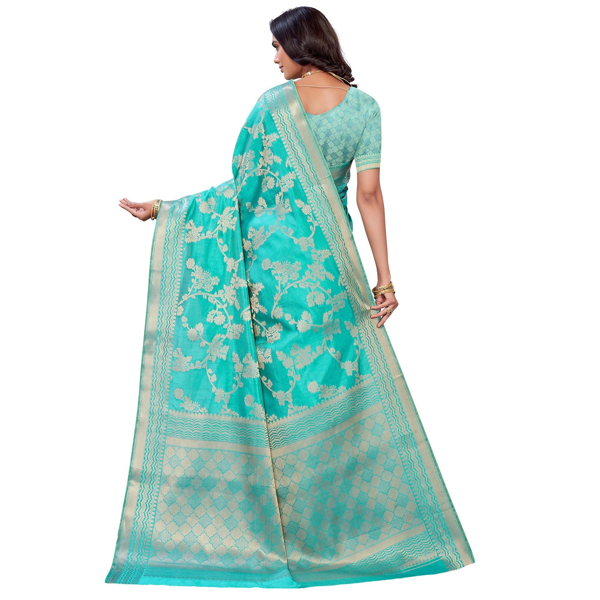 Firozi Festive Wear Woven Art Silk Saree - Peachmode