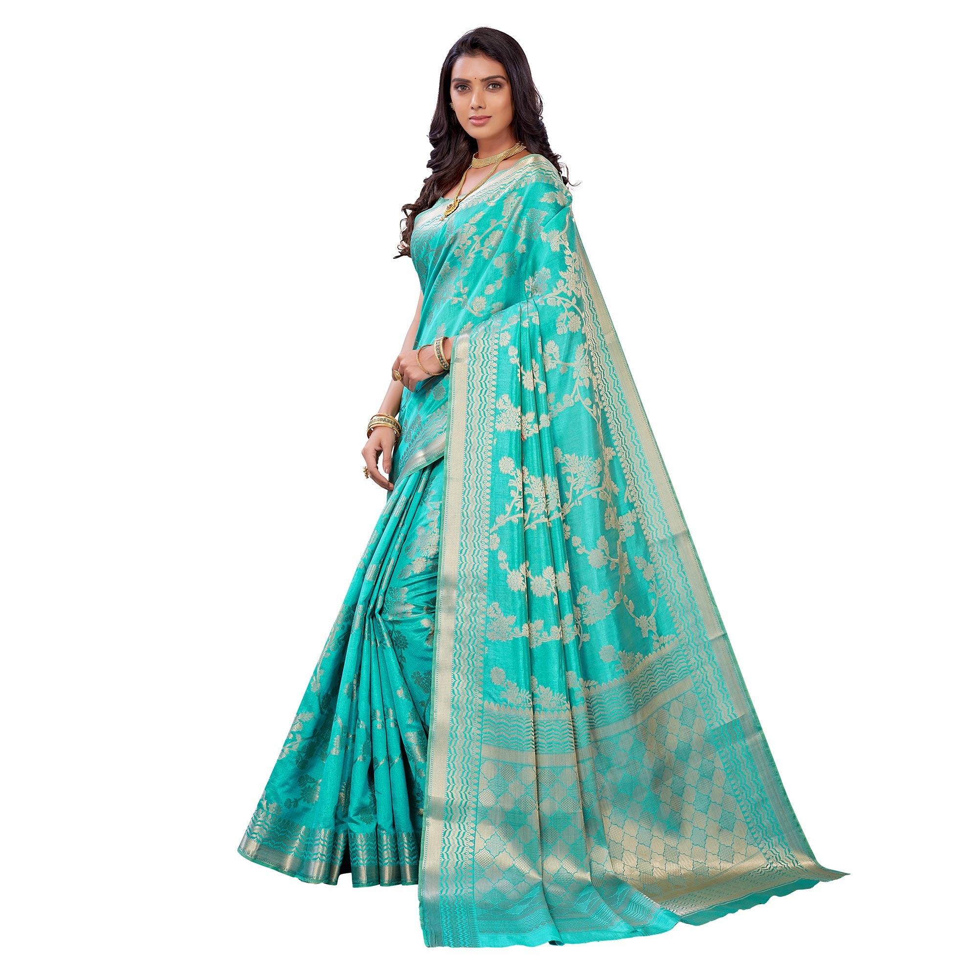 Firozi Festive Wear Woven Art Silk Saree - Peachmode