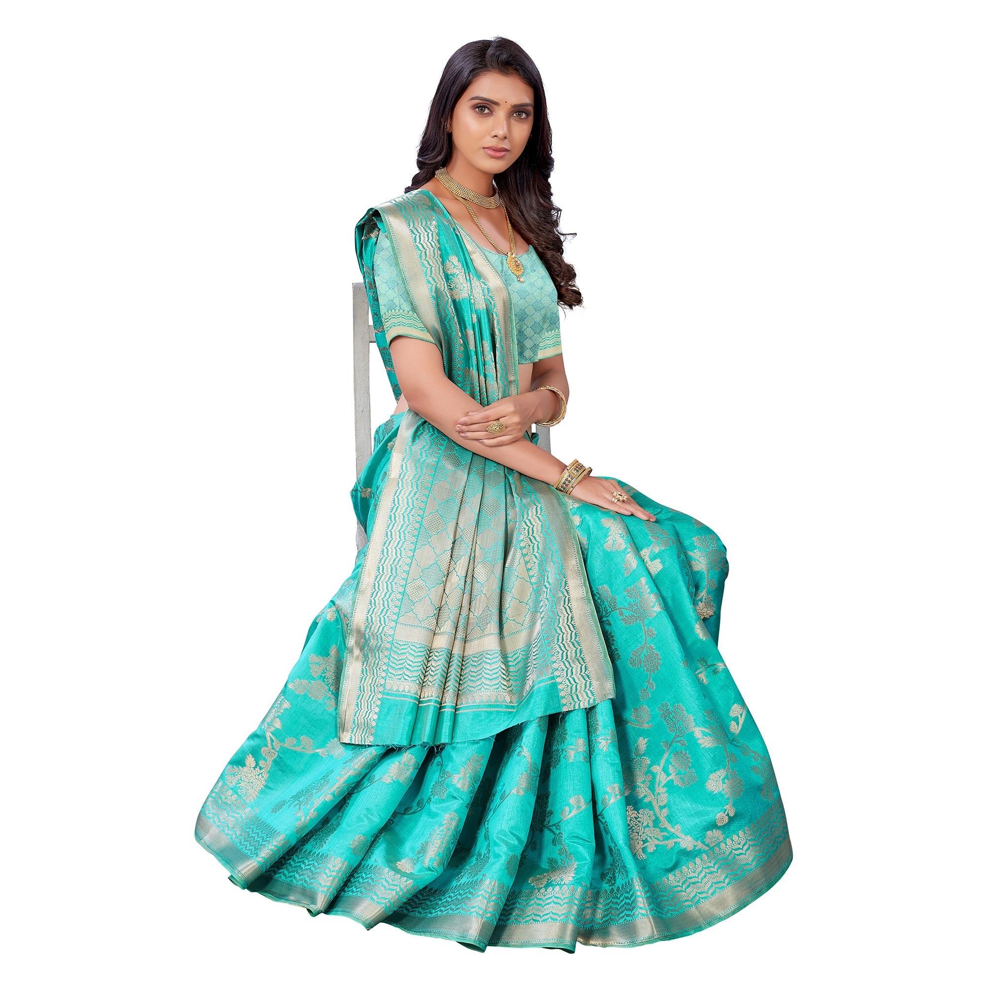 Firozi Festive Wear Woven Art Silk Saree - Peachmode