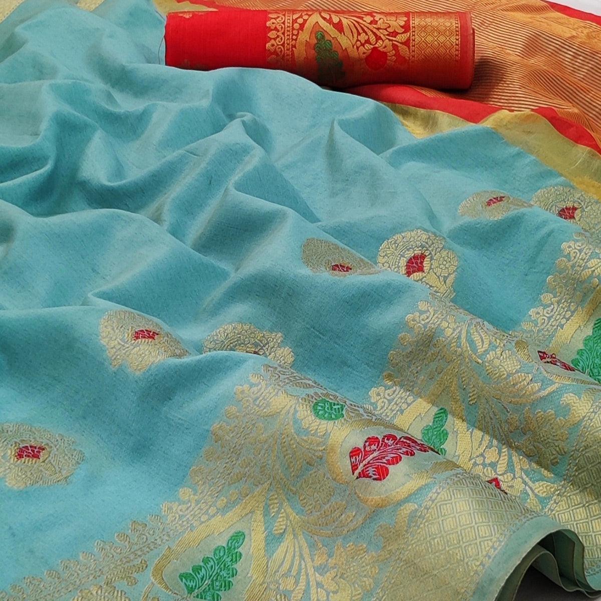 Firozi Festive Wear Woven Banarasi Saree With Butta And Jacquard Border - Peachmode
