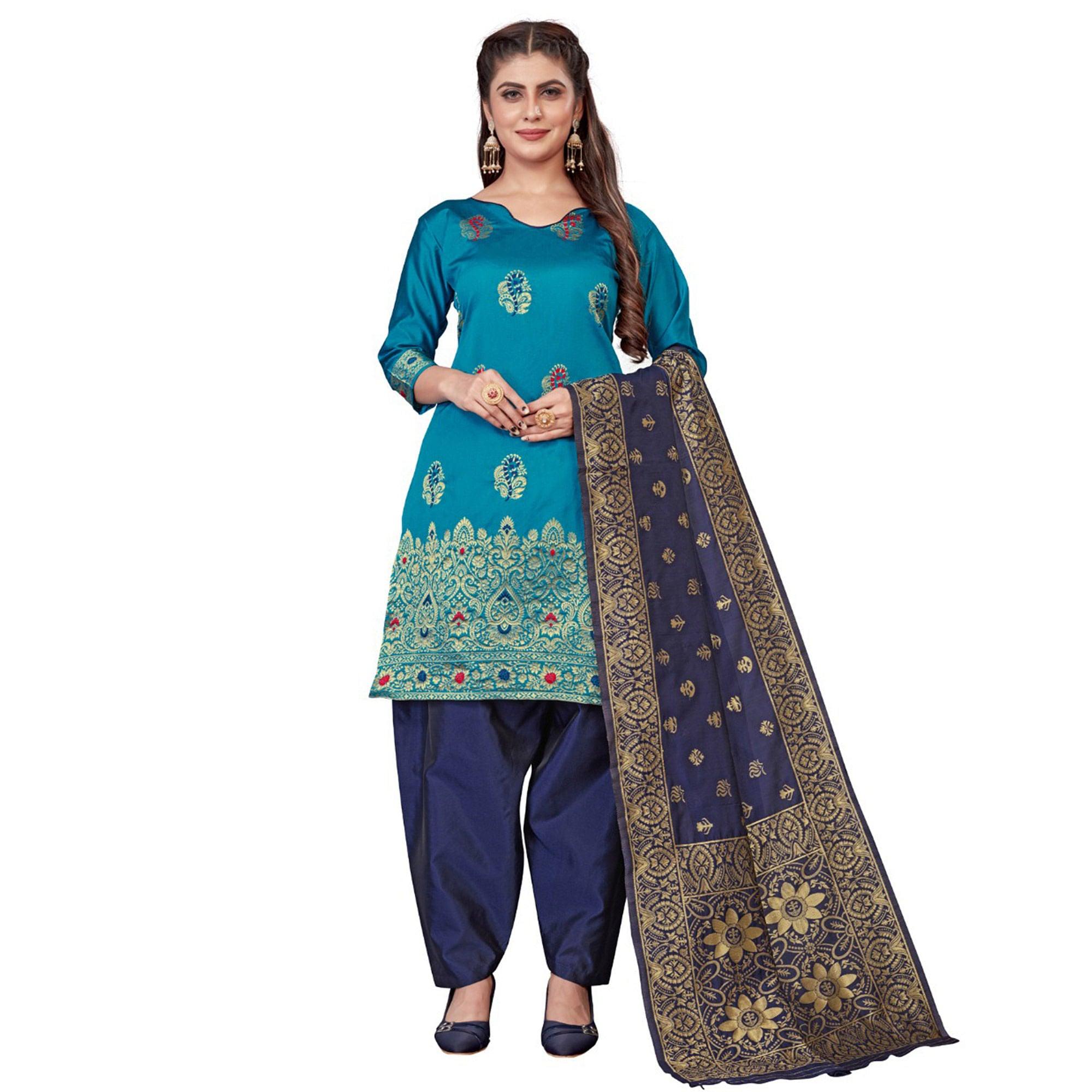 Firozi Festive Wear Woven Banarasi Silk Dress Material - Peachmode