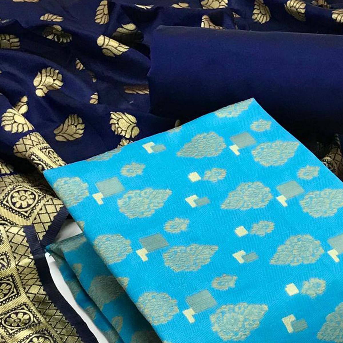 Firozi Festive Wear Woven Banarasi Silk Dress Material - Peachmode
