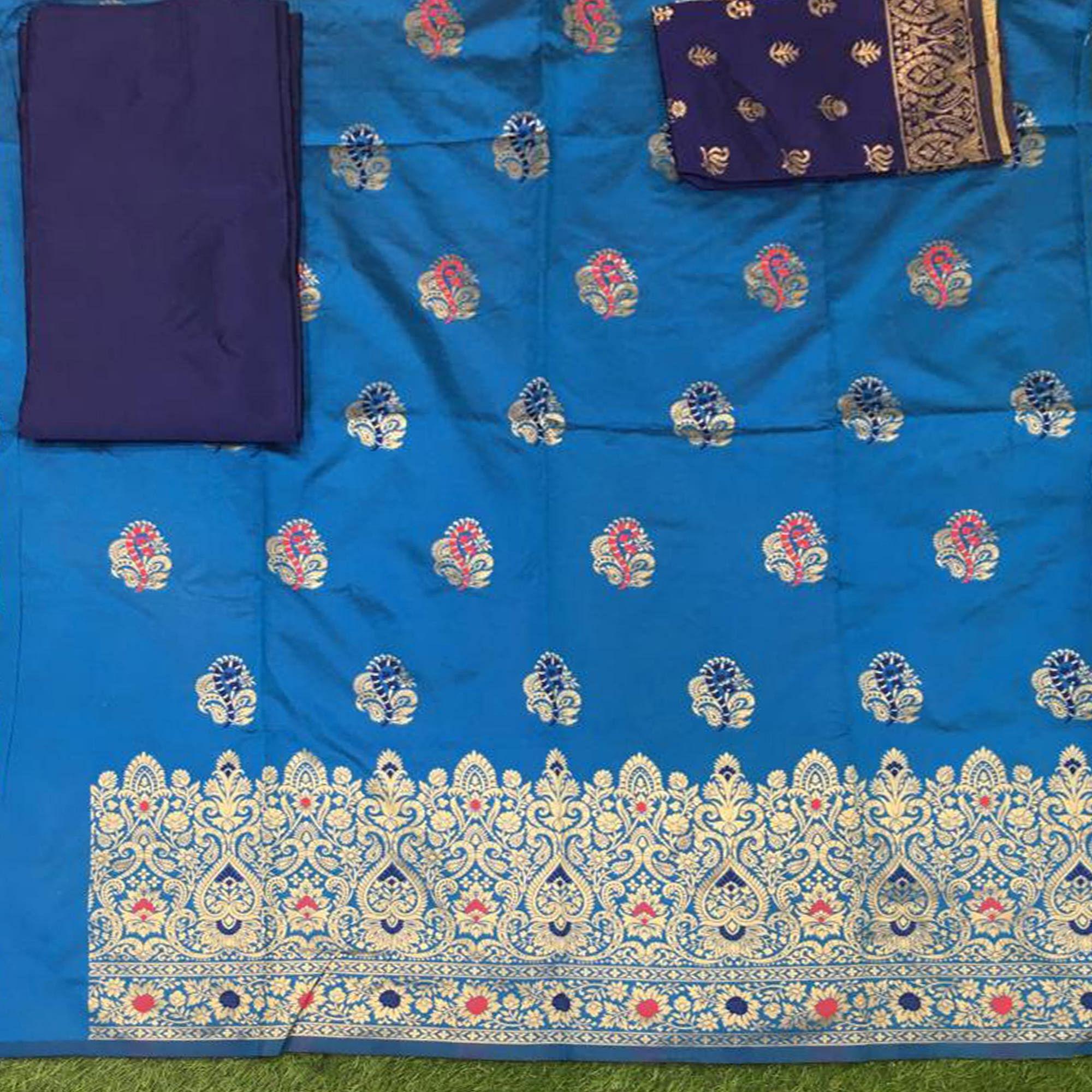Firozi Festive Wear Woven Banarasi Silk Dress Material - Peachmode