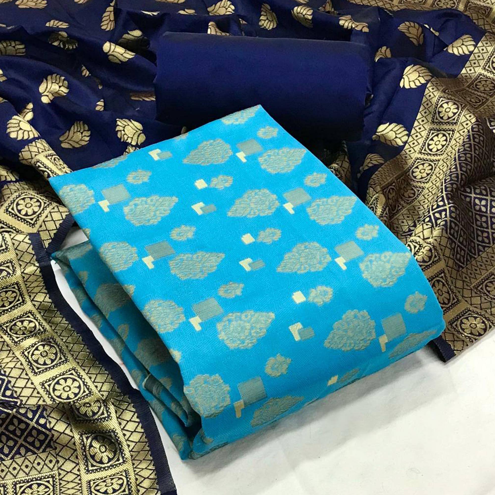 Firozi Festive Wear Woven Banarasi Silk Dress Material - Peachmode