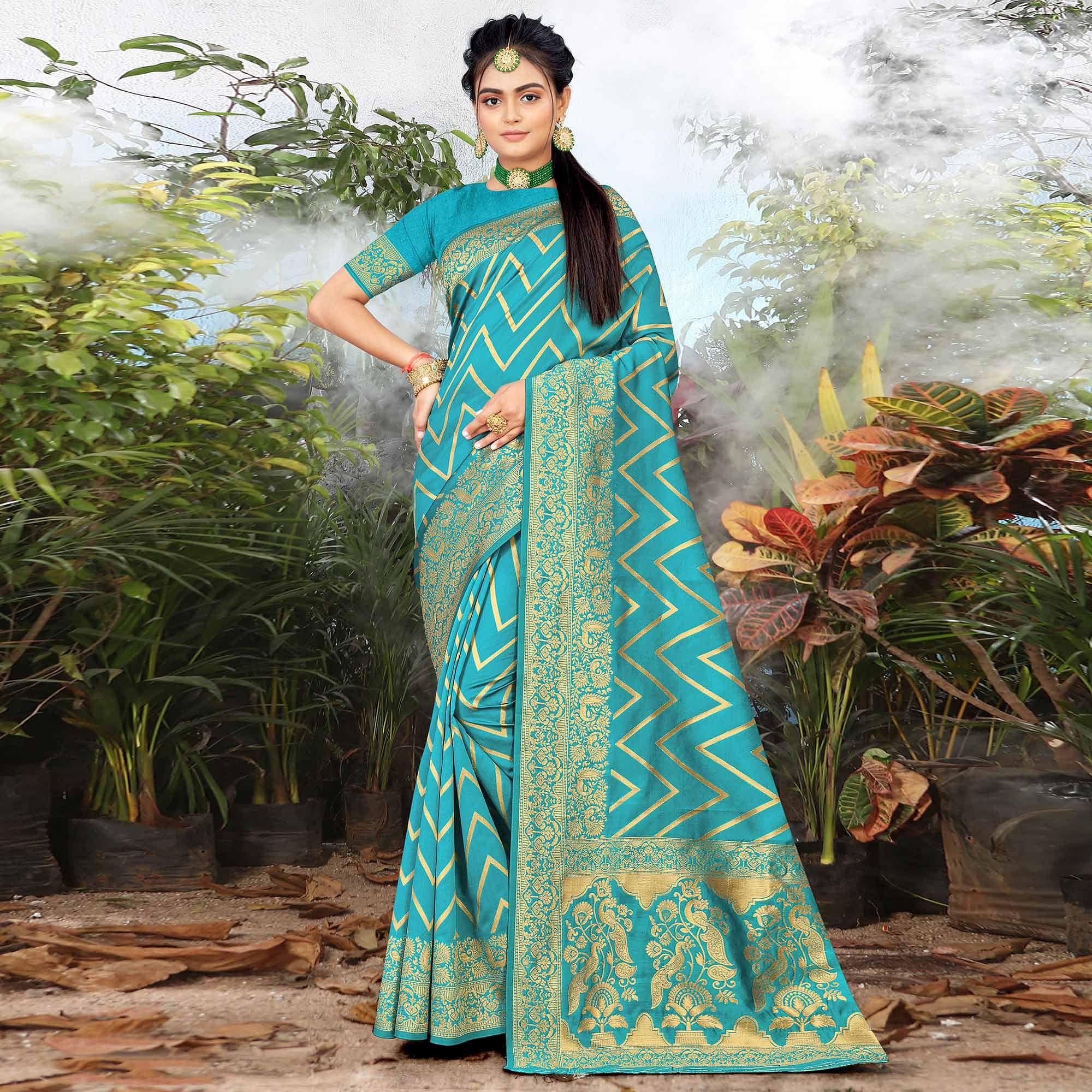 Firozi Festive Wear Woven Banarasi Silk Saree - Peachmode