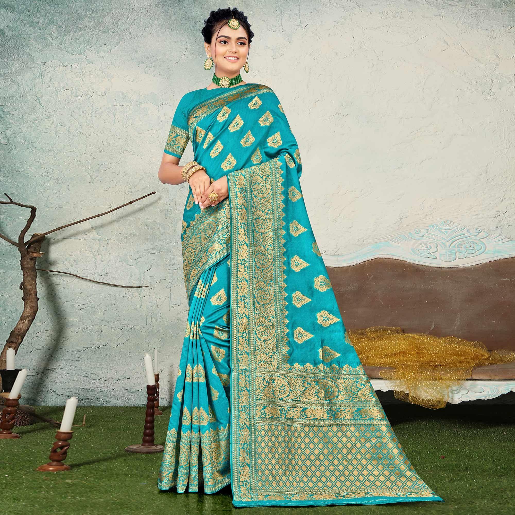 Firozi Festive Wear Woven Banarasi Silk Saree - Peachmode
