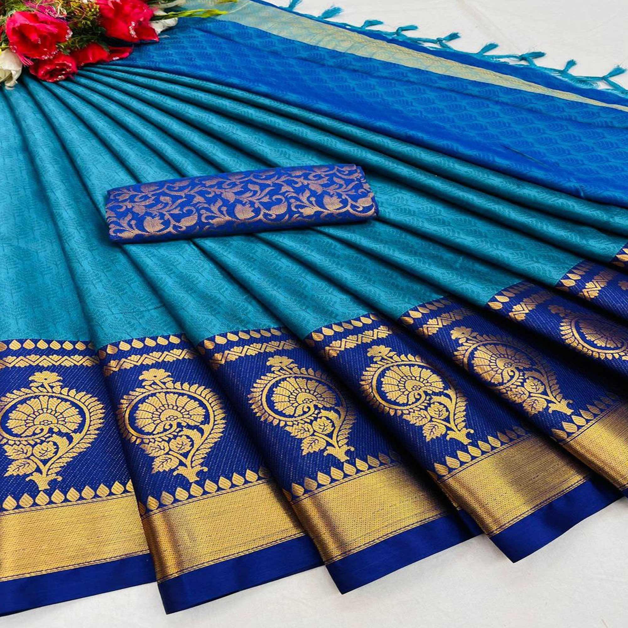 Firozi Festive Wear Woven Heavy Rich Cotton Silk Saree - Peachmode