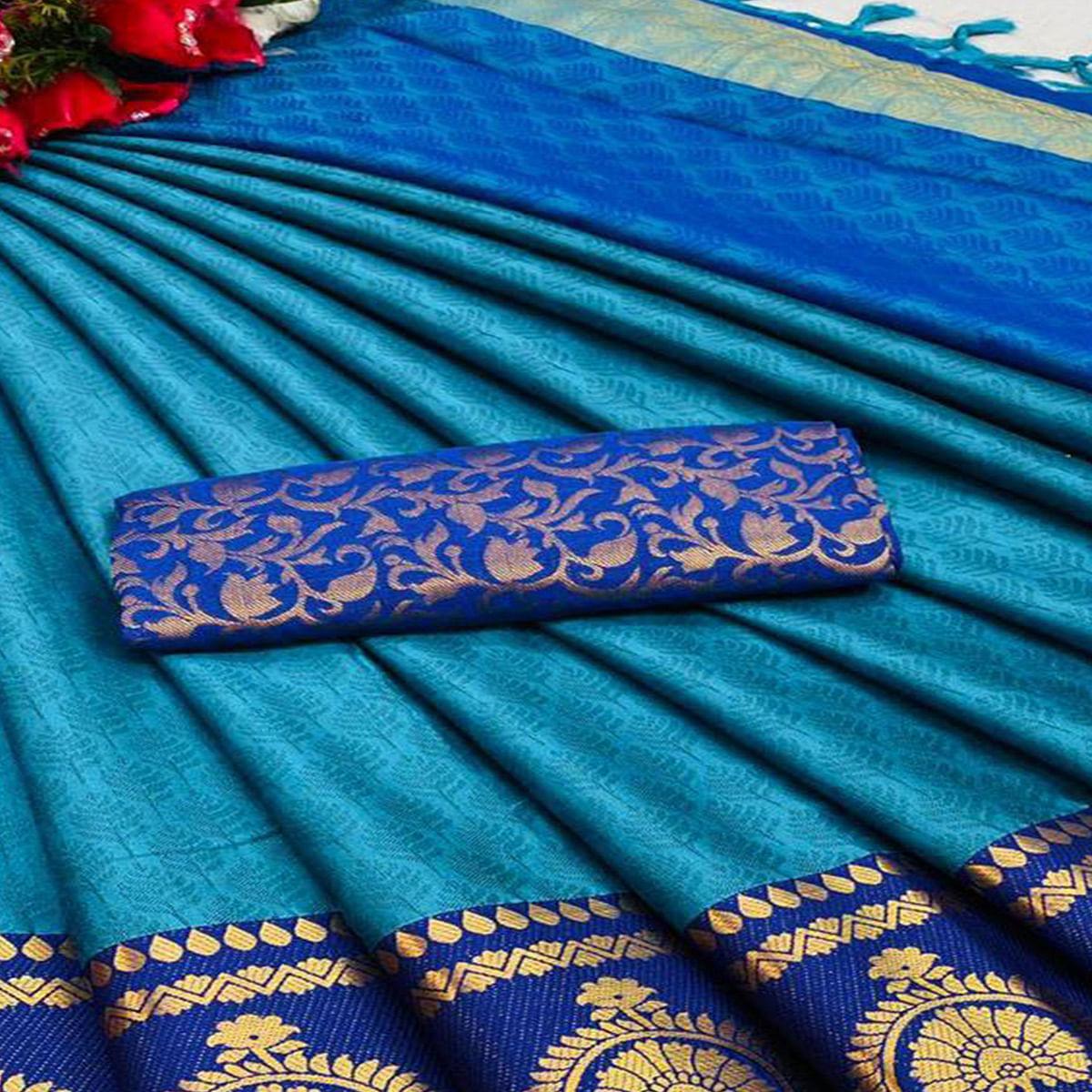 Firozi Festive Wear Woven Heavy Rich Cotton Silk Saree - Peachmode