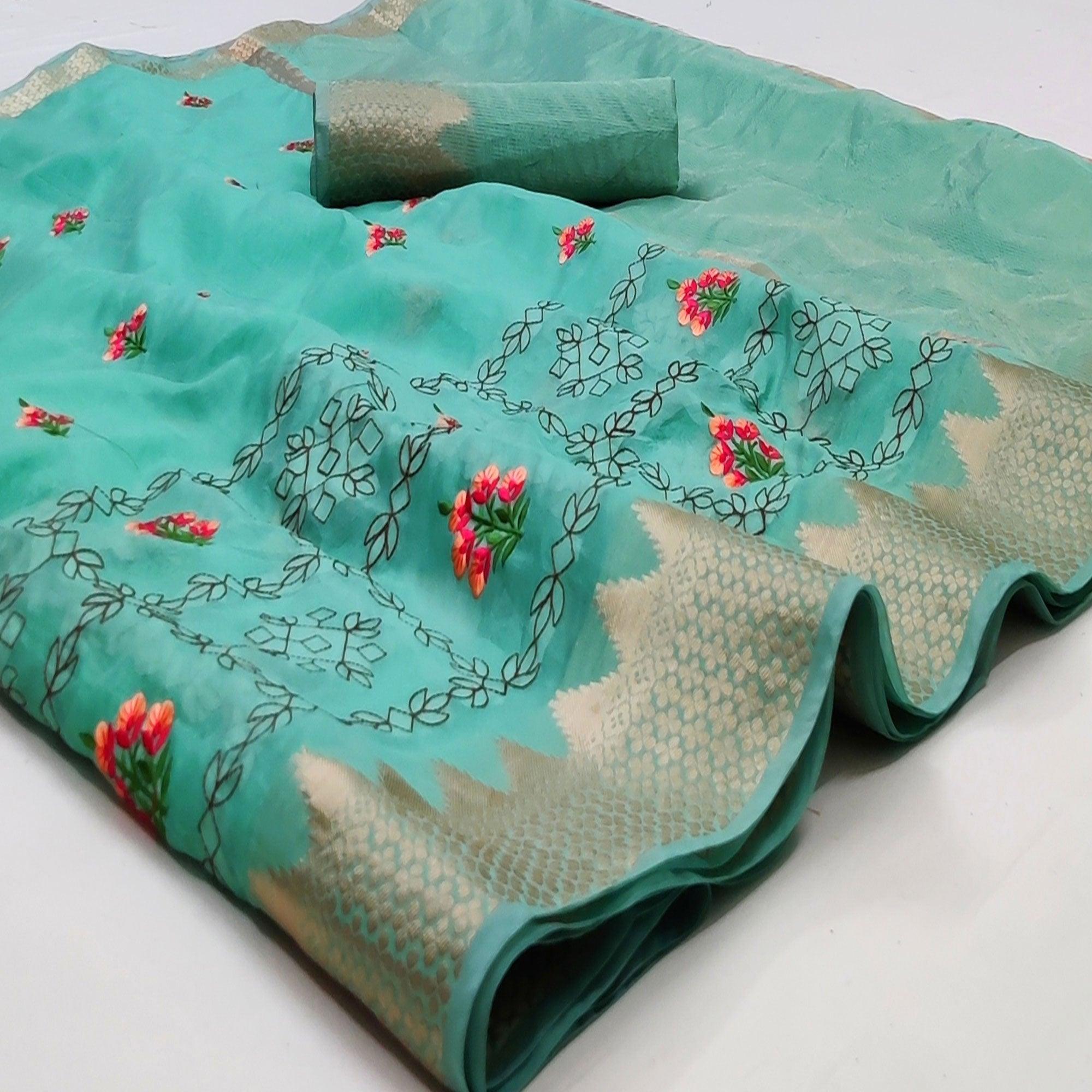 Firozi Festive Wear Woven Organza Saree With Floral Embroidery Butta Work - Peachmode