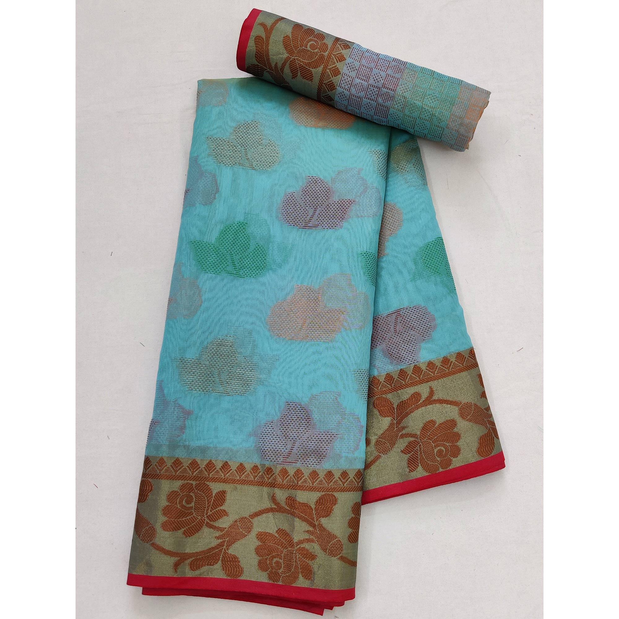 Firozi Festive Wear Woven Rich Pallu Organza Saree - Peachmode
