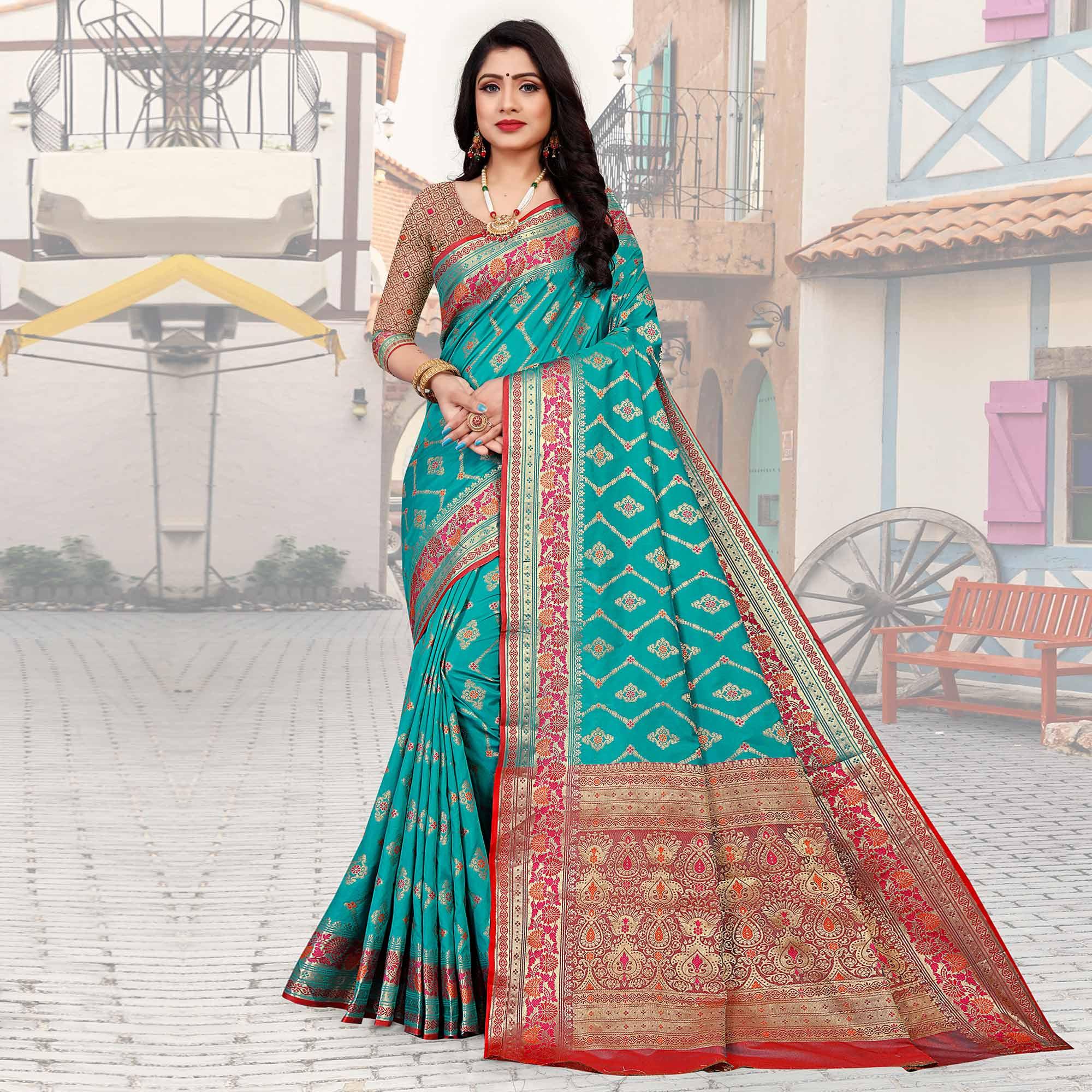 Firozi Festive Wear Woven Silk Saree - Peachmode