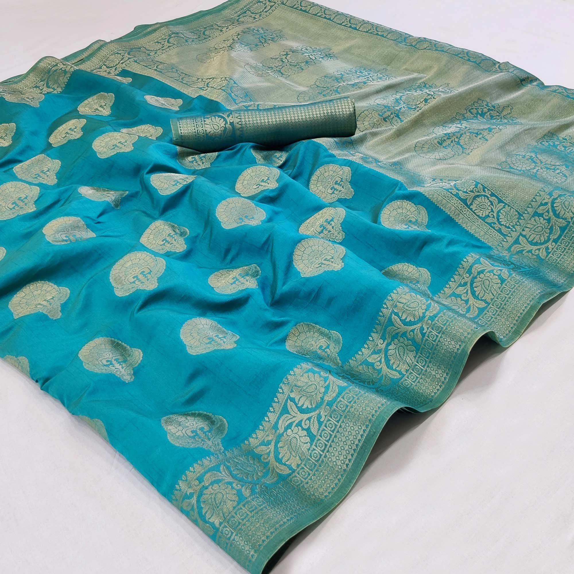Firozi Festive Wear Woven Silk Saree - Peachmode