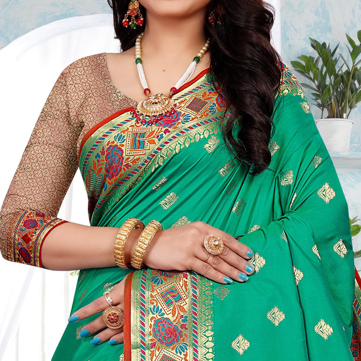 Firozi Festive Wear Woven Silk Saree - Peachmode