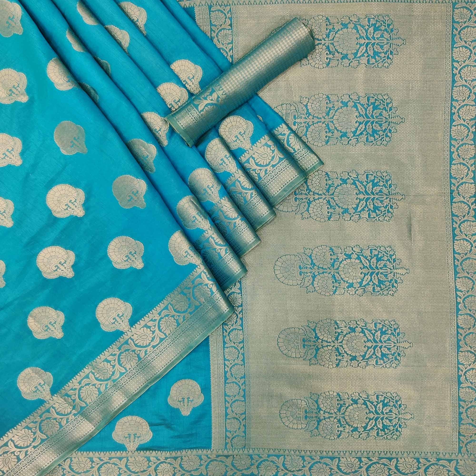Firozi Festive Wear Woven Silk Saree - Peachmode