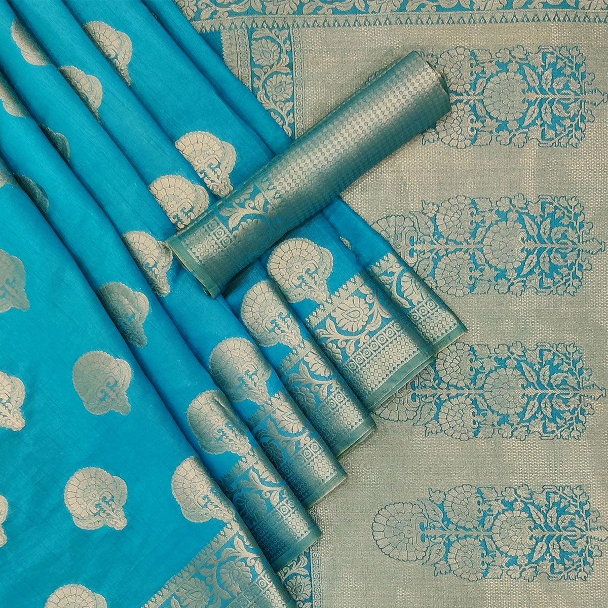 Firozi Festive Wear Woven Silk Saree - Peachmode