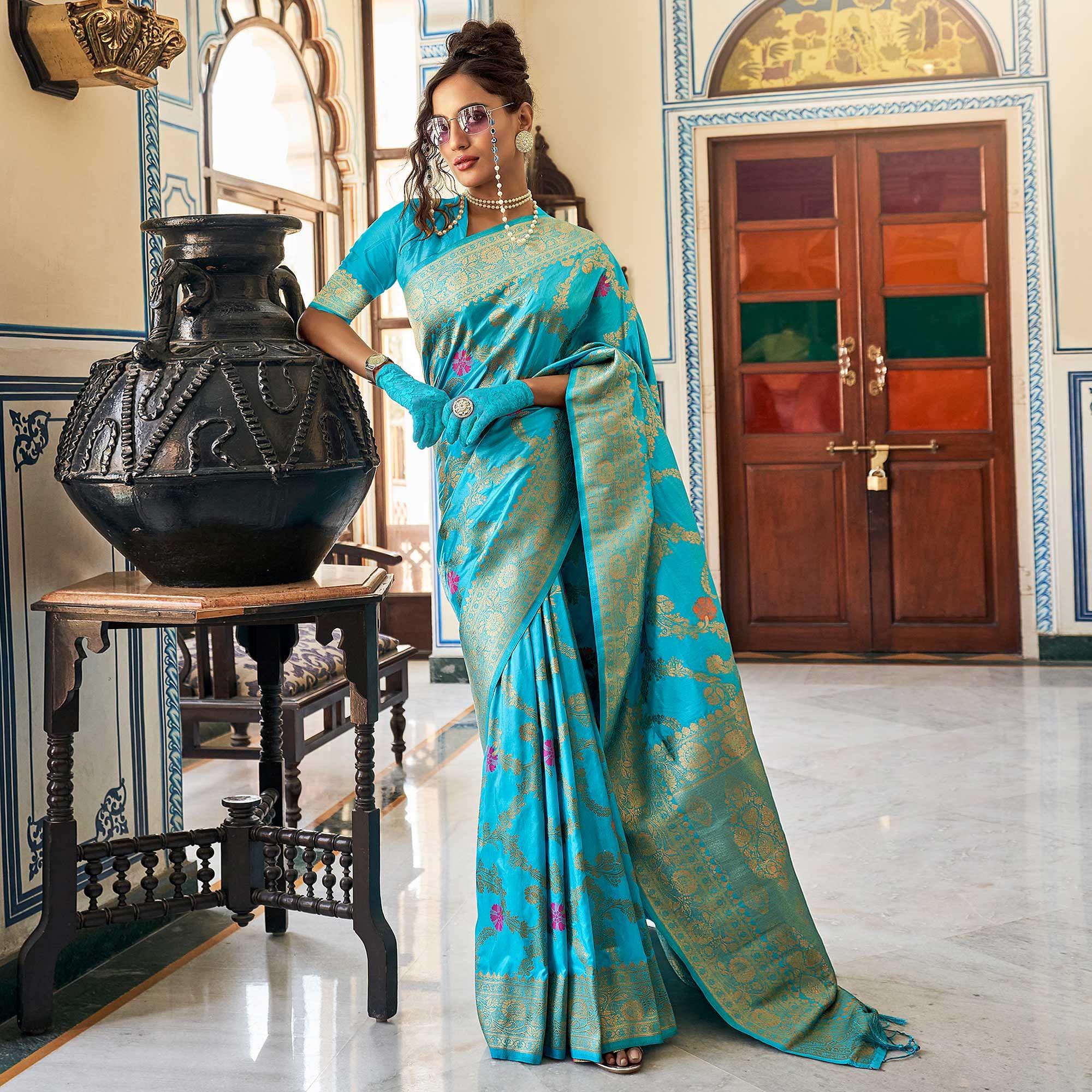 Firozi Festive Wear Woven Silk Saree With Tassels - Peachmode