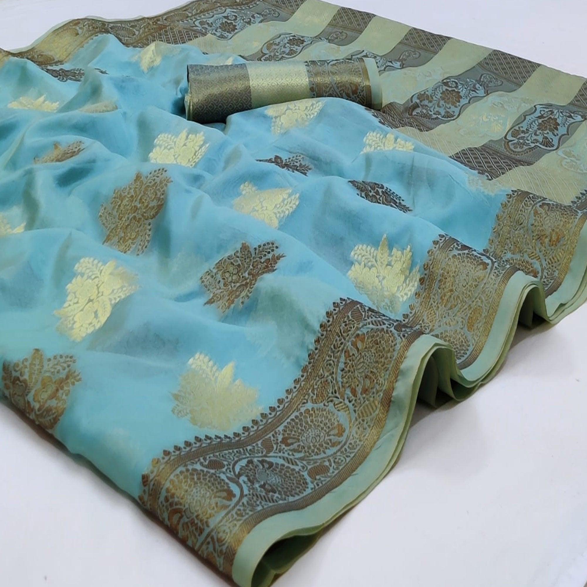 Firozi Festive Wear Woven Soft Organza Saree - Peachmode
