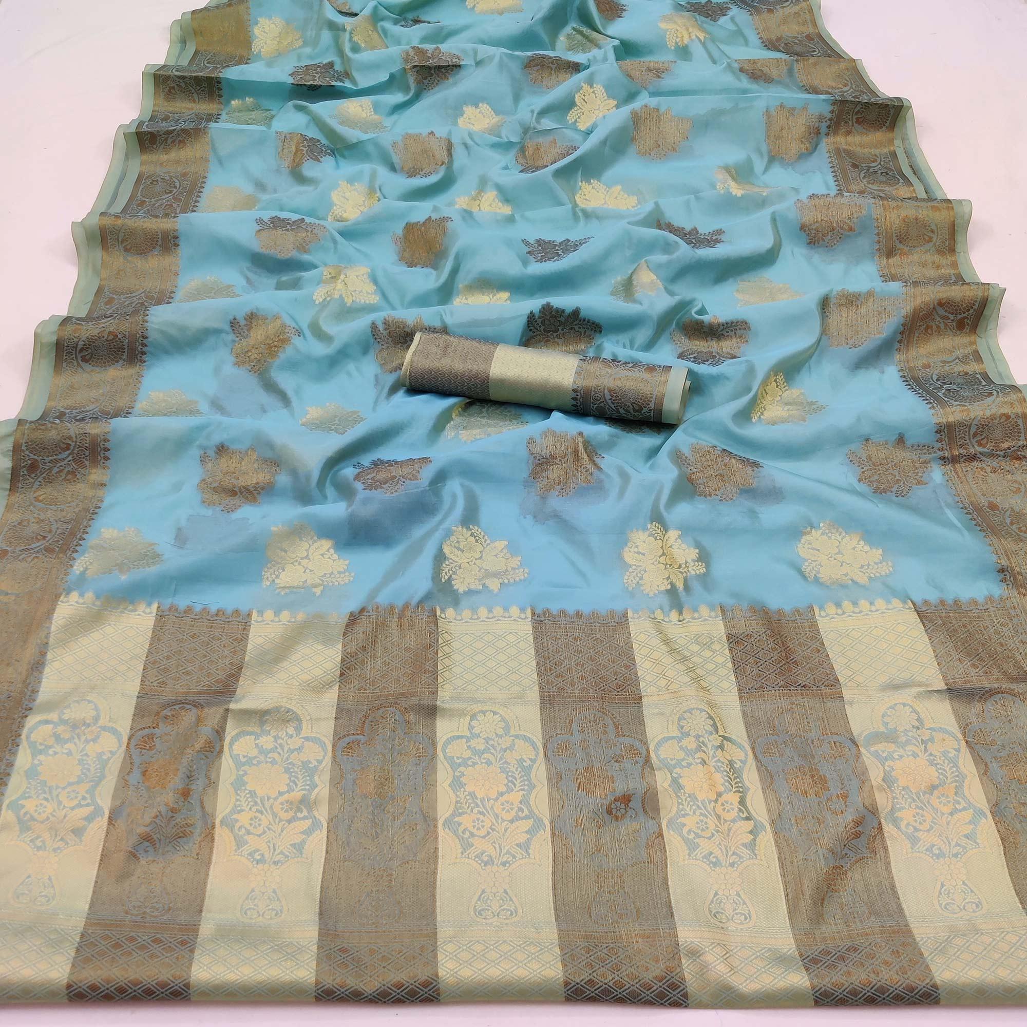 Firozi Festive Wear Woven Soft Organza Saree - Peachmode