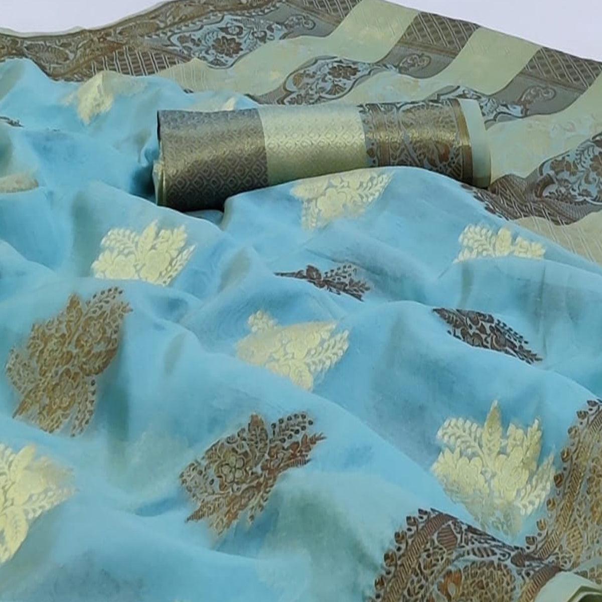 Firozi Festive Wear Woven Soft Organza Saree - Peachmode