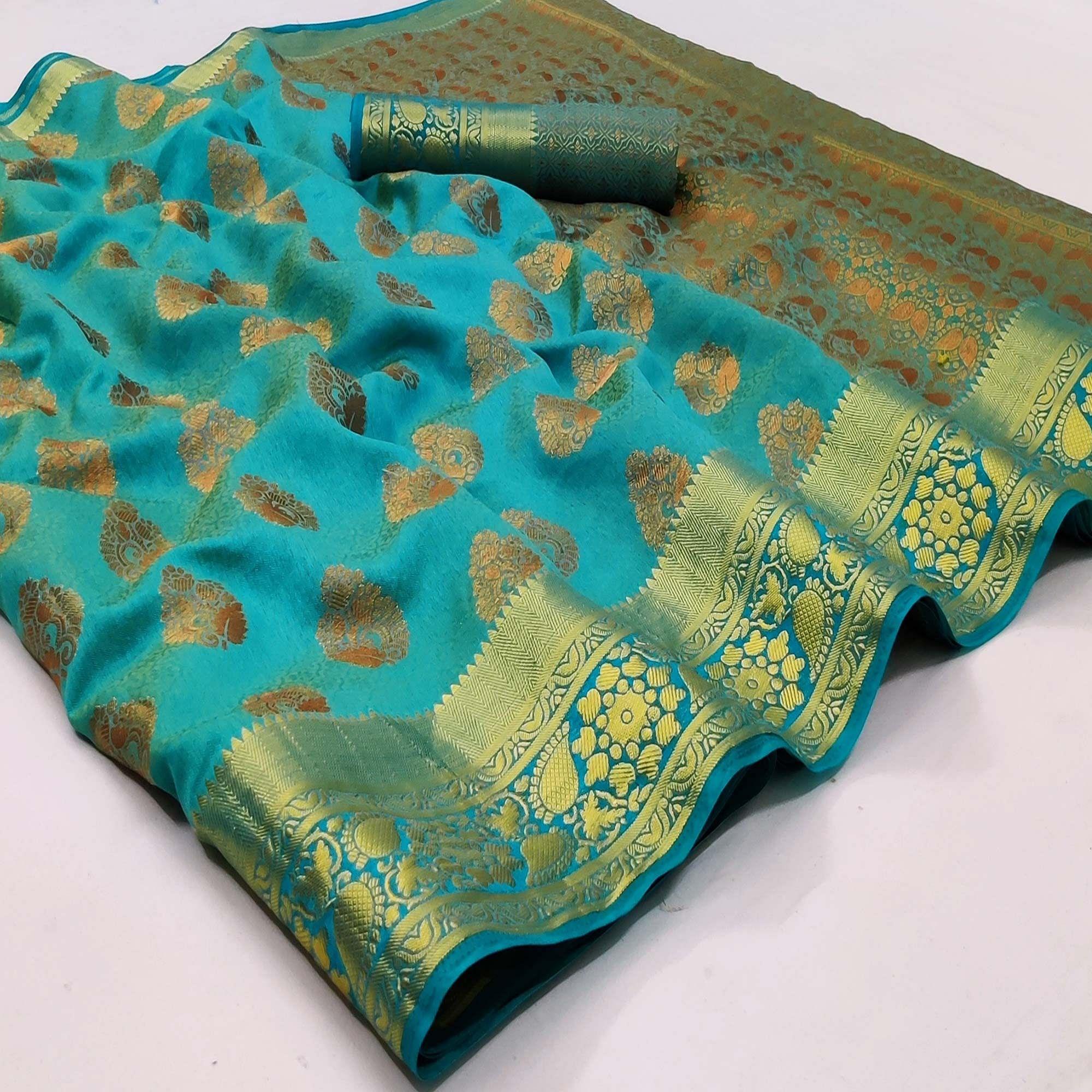 Firozi Festive Wear Woven Soft Silk Saree - Peachmode