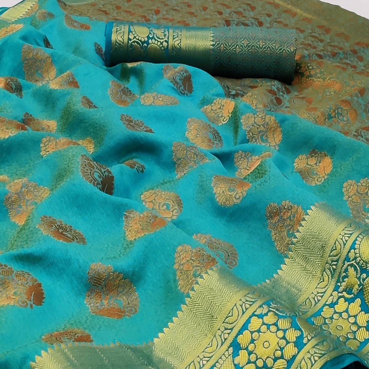 Firozi Festive Wear Woven Soft Silk Saree - Peachmode