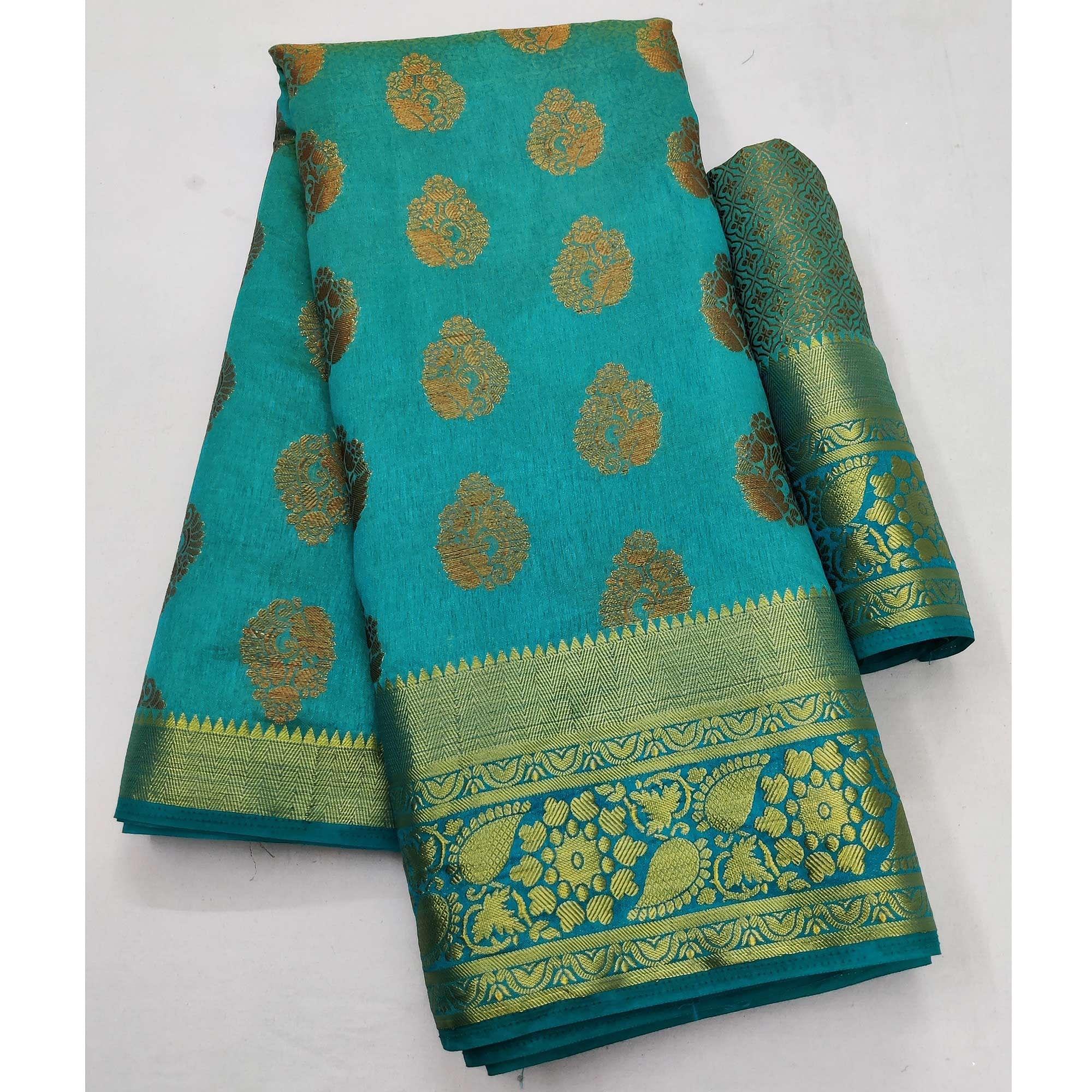 Firozi Festive Wear Woven Soft Silk Saree - Peachmode