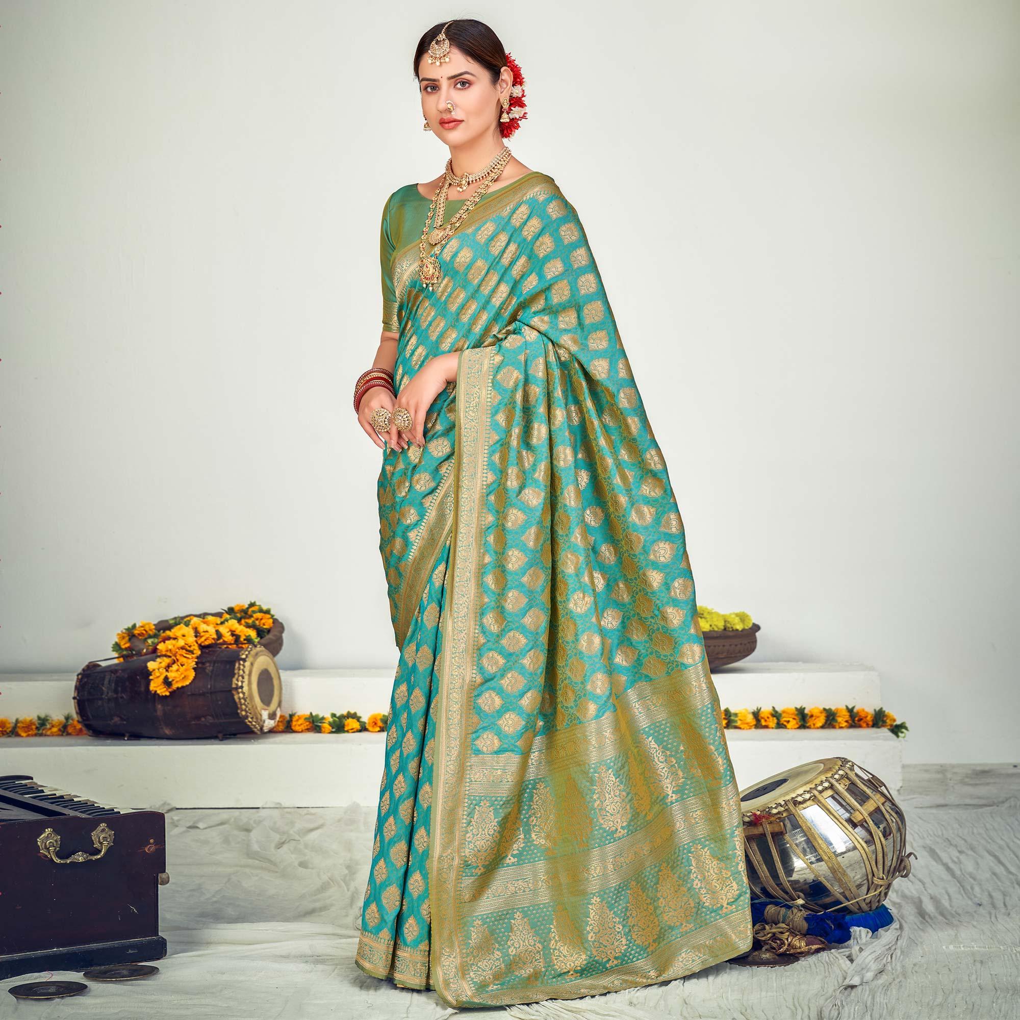 Firozi Festive Wear Zari Woven Banarasi Silk Saree - Peachmode