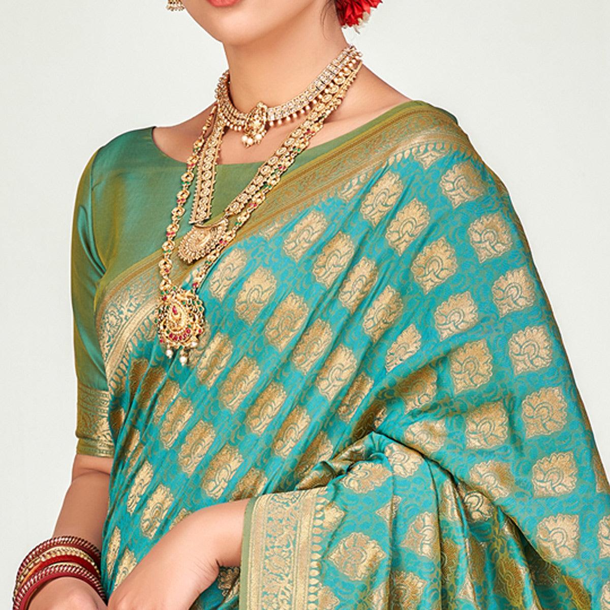 Firozi Festive Wear Zari Woven Banarasi Silk Saree - Peachmode