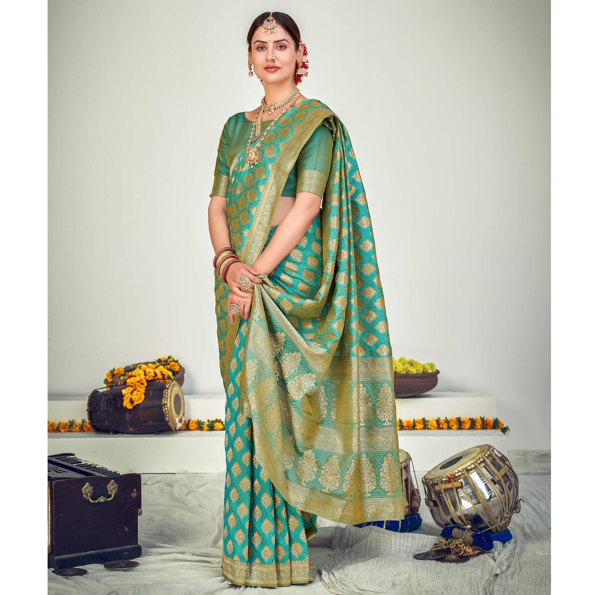 Firozi Festive Wear Zari Woven Banarasi Silk Saree - Peachmode