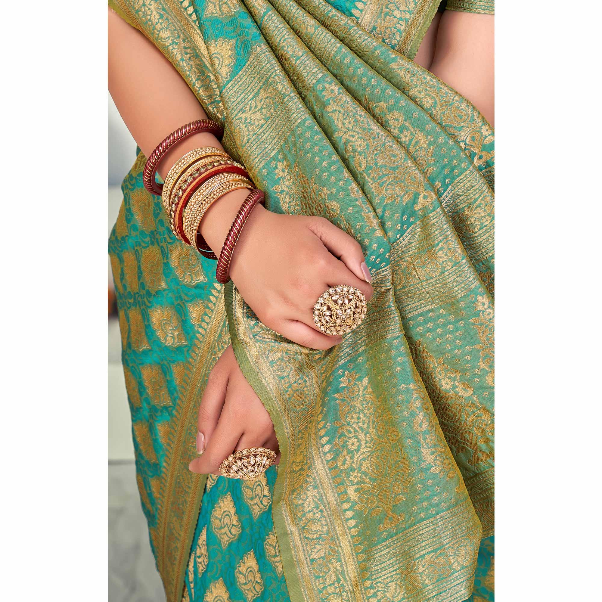 Firozi Festive Wear Zari Woven Banarasi Silk Saree - Peachmode