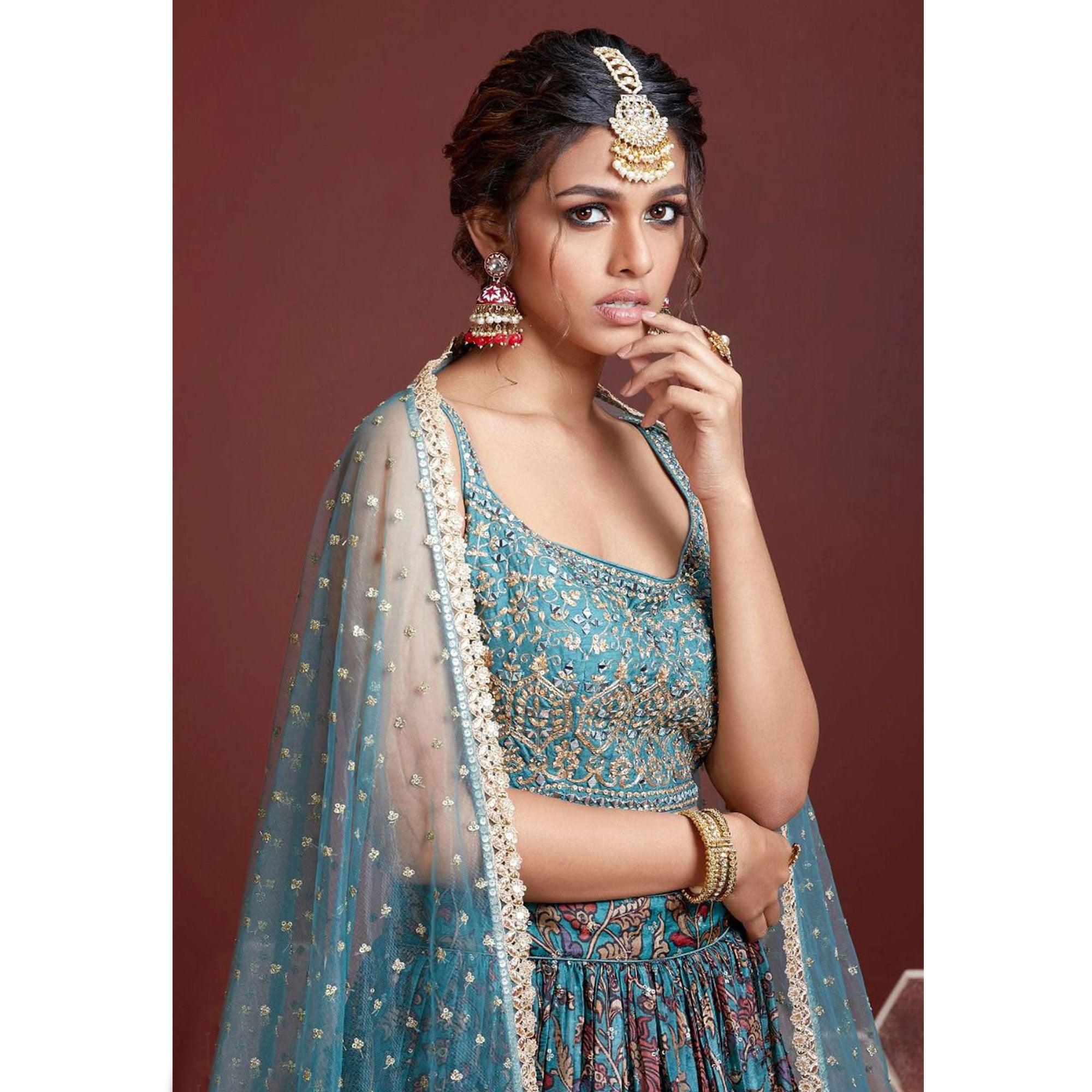 Firozi Party Wear Embroidered & embellished Silk Lehenga Choli - Peachmode