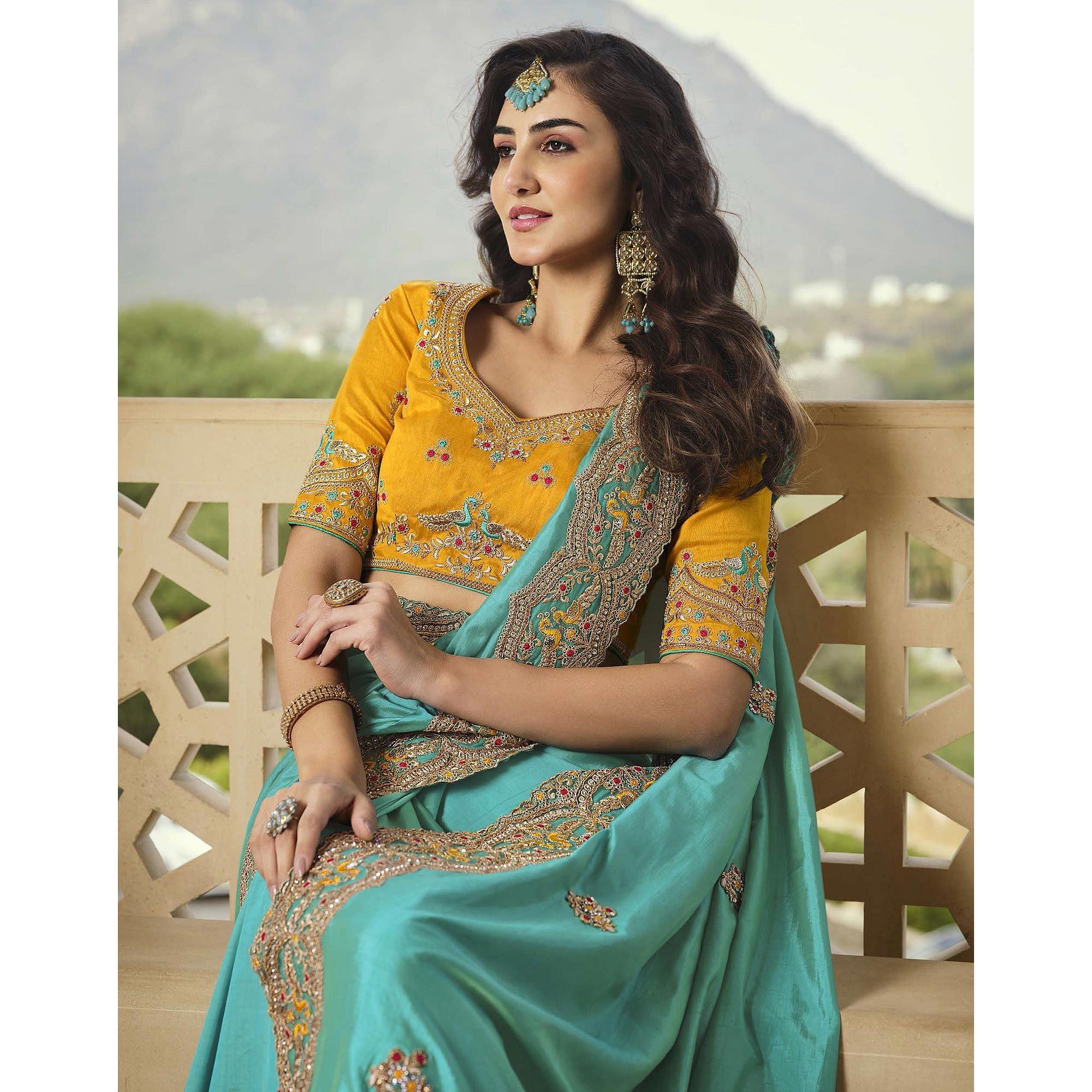 Firozi Party Wear Embroidered Satin Saree - Peachmode