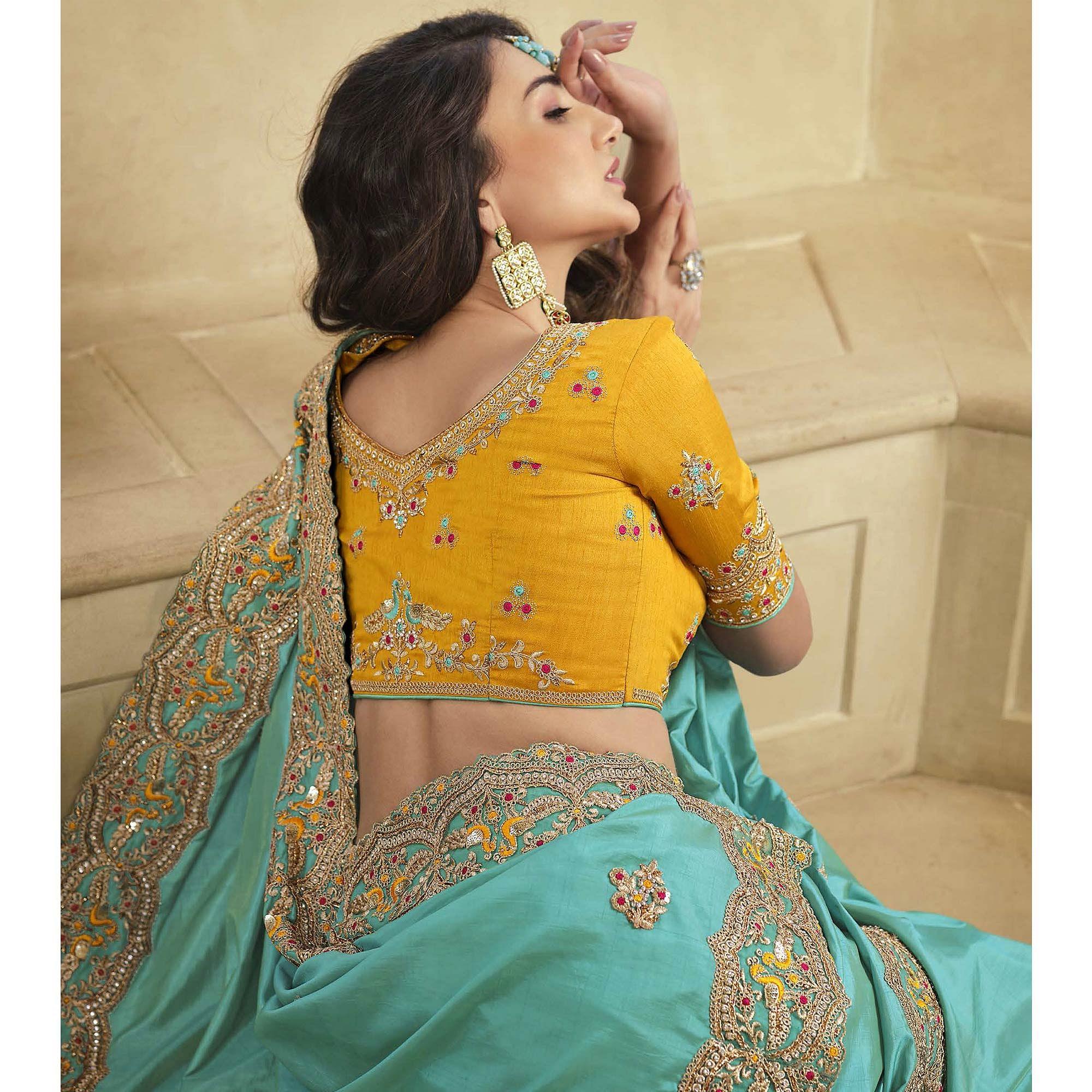 Firozi Party Wear Embroidered Satin Saree - Peachmode