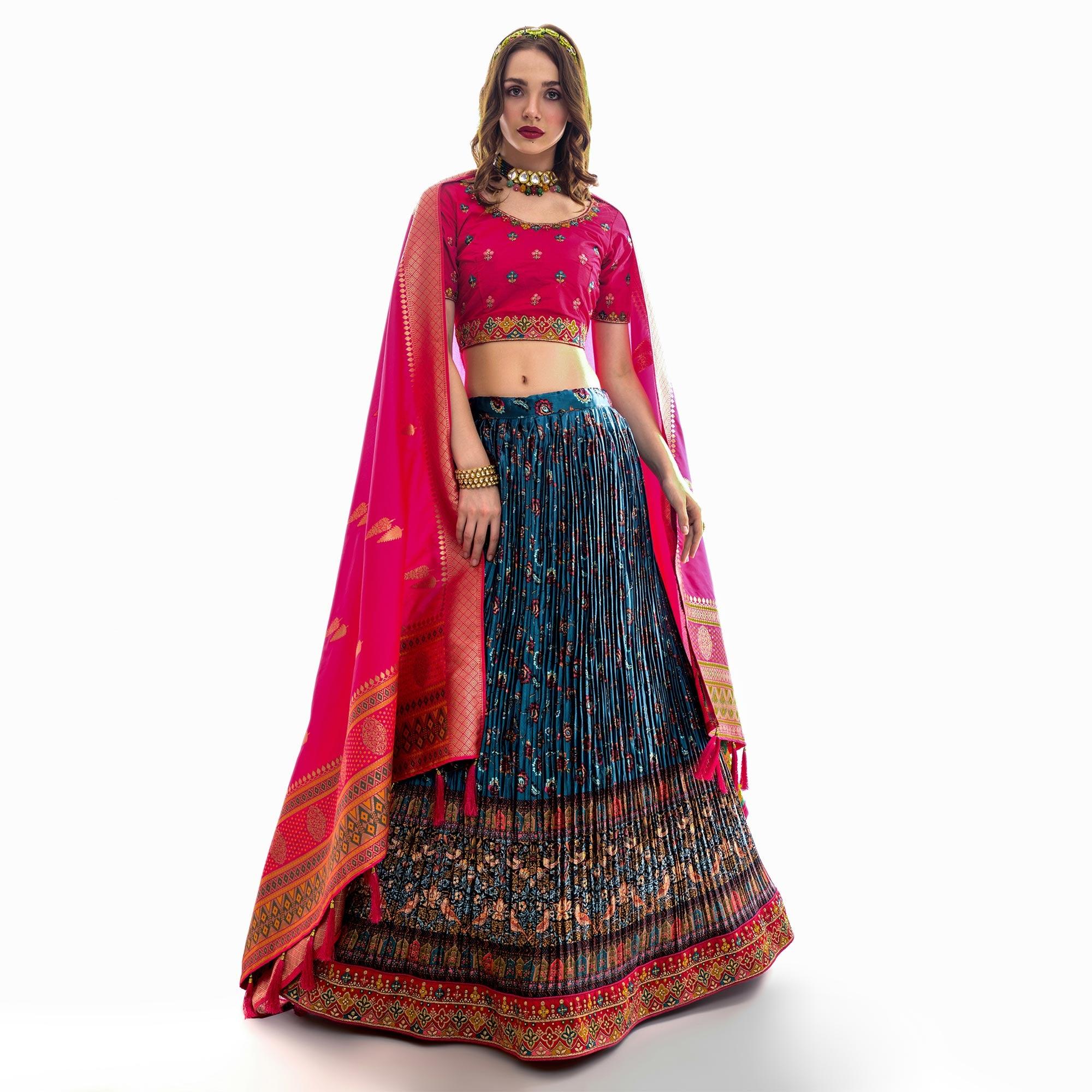 Firozi Partywear Embroidered Satin Lehenga Choli - Peachmode