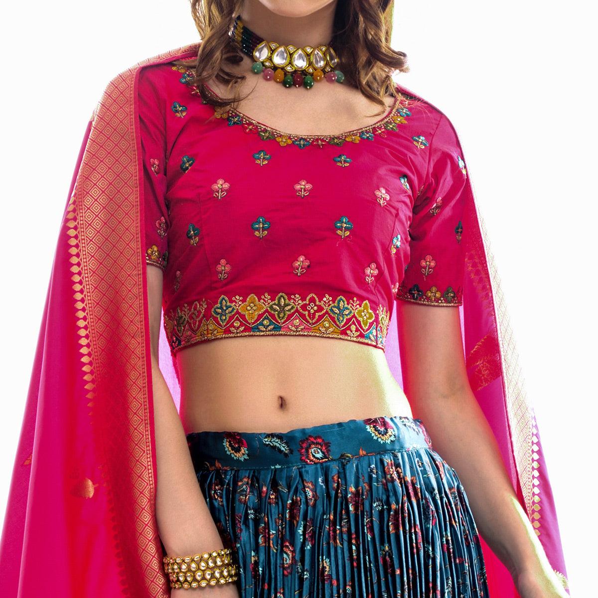 Firozi Partywear Embroidered Satin Lehenga Choli - Peachmode