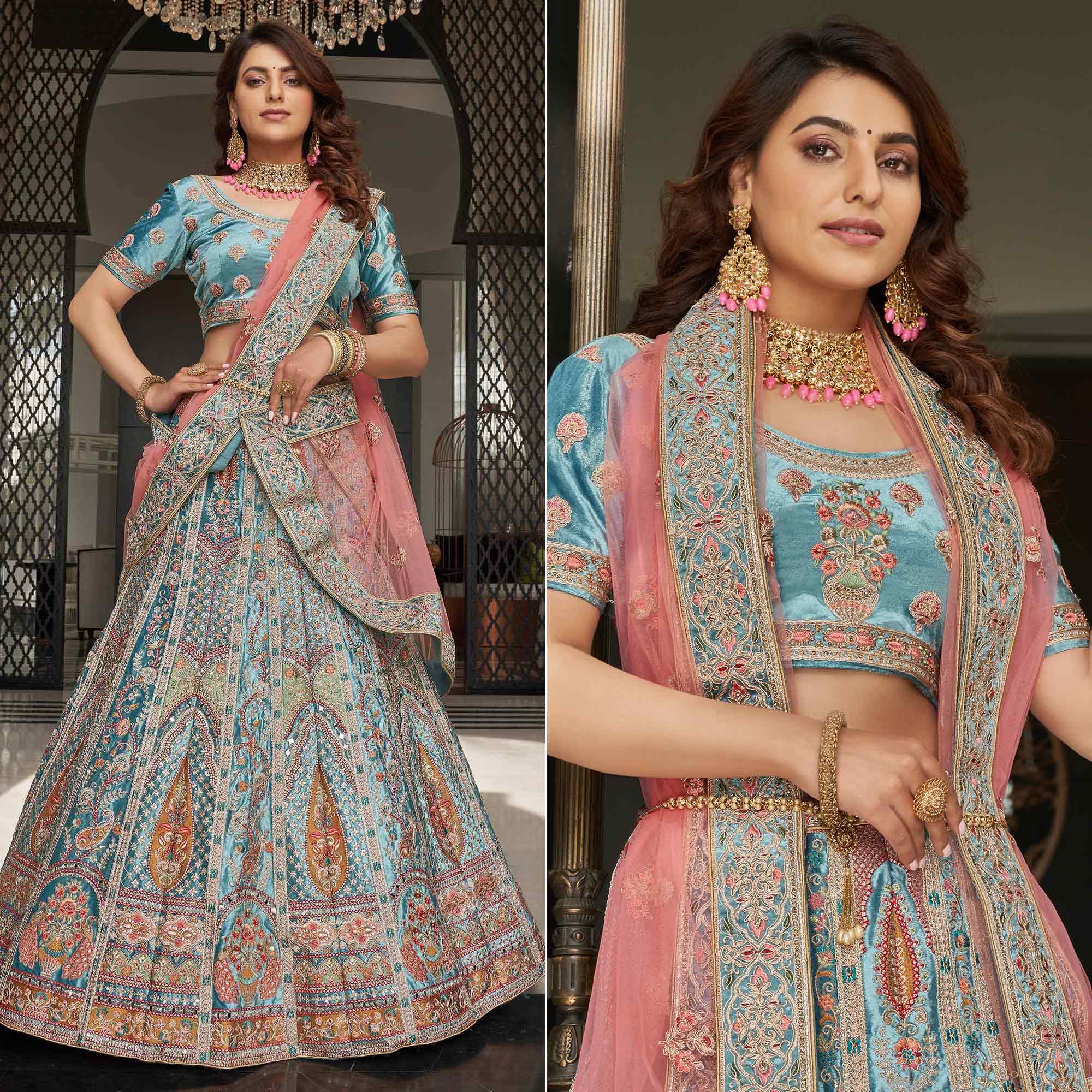 Firozi Partywear Sequence Floral Embroidered Velvet Lehenga Choli - Peachmode